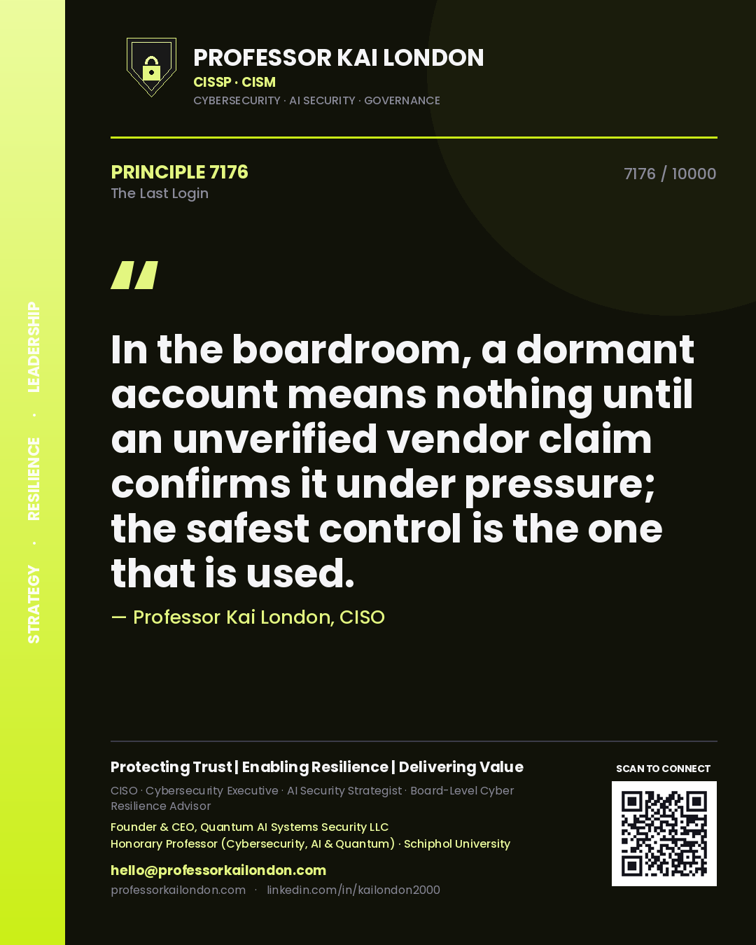 Professor Kai London principle 7176: In the boardroom, a dormant account means nothing until an unverified vendor claim confirms it under pressure; the safest control is the one that is used.