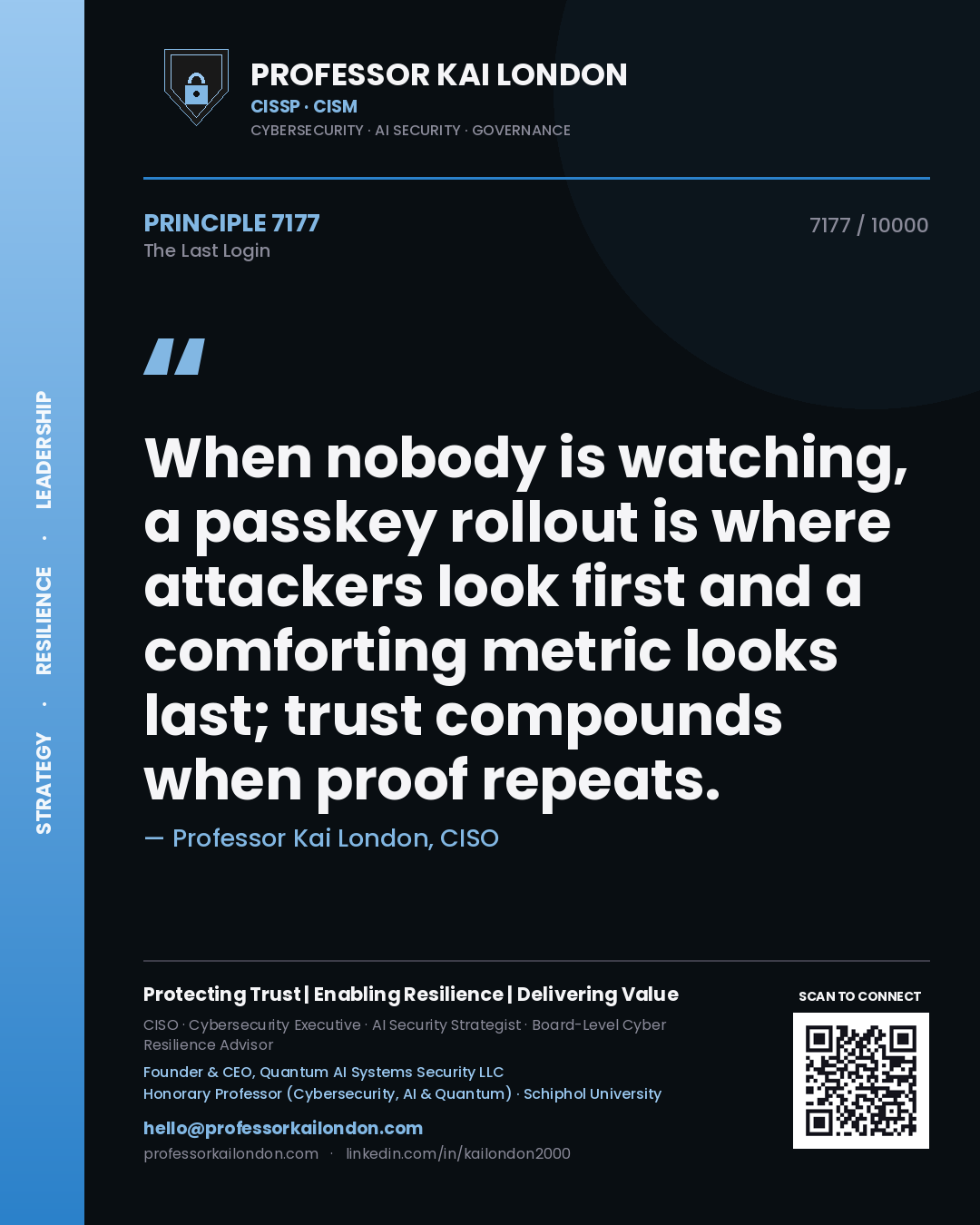 Professor Kai London principle 7177: When nobody is watching, a passkey rollout is where attackers look first and a comforting metric looks last; trust compounds when proof repeats.