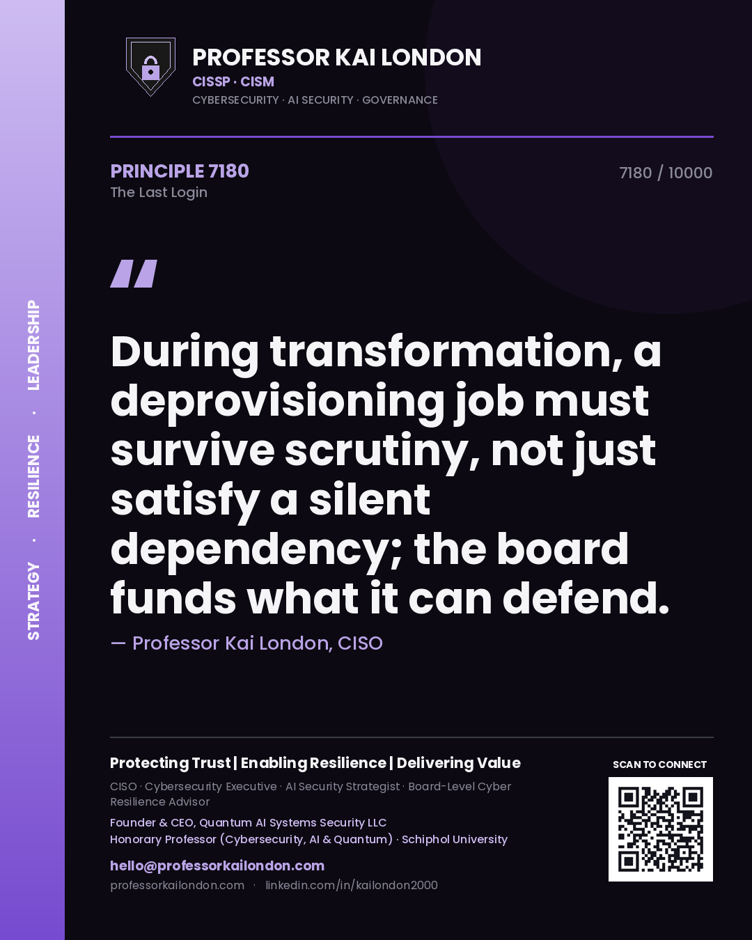 Professor Kai London principle 7180: During transformation, a deprovisioning job must survive scrutiny, not just satisfy a silent dependency; the board funds what it can defend.