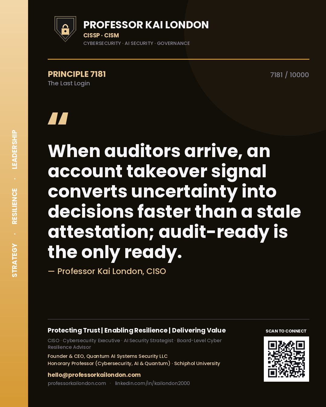 Professor Kai London principle 7181: When auditors arrive, an account takeover signal converts uncertainty into decisions faster than a stale attestation; audit-ready is the only ready.