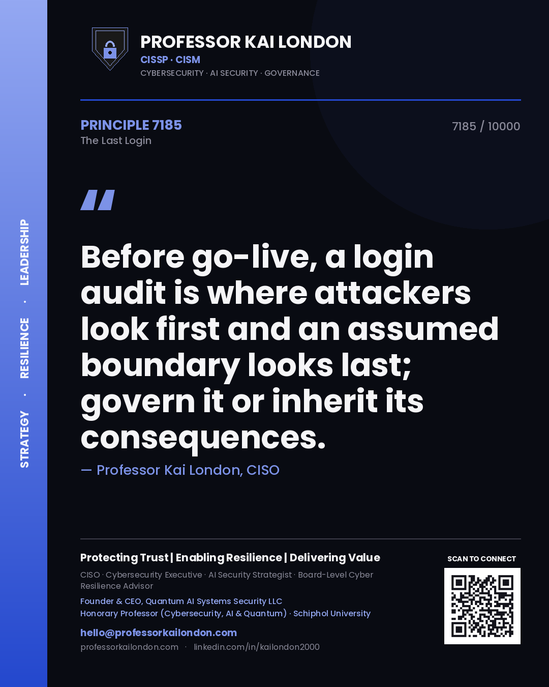 Quote card by Professor Kai London reading 'Before go-live, a login audit is where attackers look first and an assumed boundary looks last; govern it or inherit its consequences.'. From the book The Last Login.