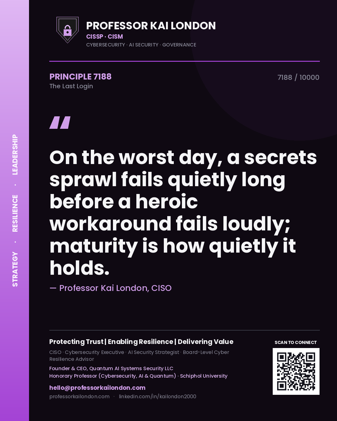 Professor Kai London principle 7188: On the worst day, a secrets sprawl fails quietly long before a heroic workaround fails loudly; maturity is how quietly it holds.