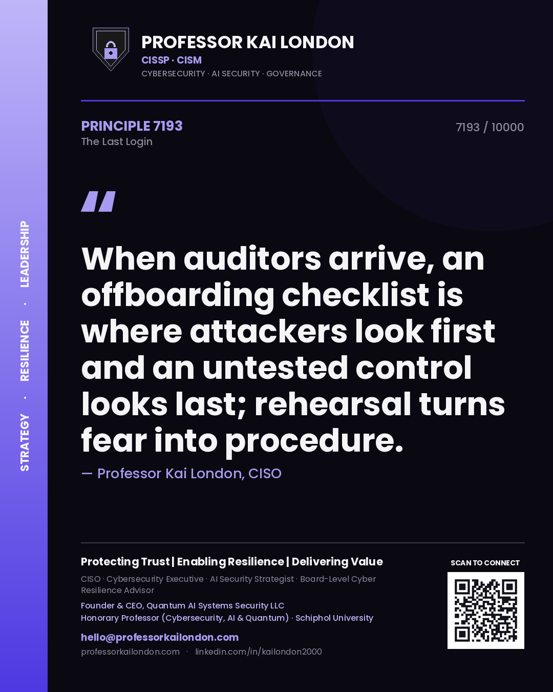 Professor Kai London principle 7193: When auditors arrive, an offboarding checklist is where attackers look first and an untested control looks last; rehearsal turns fear into procedure.