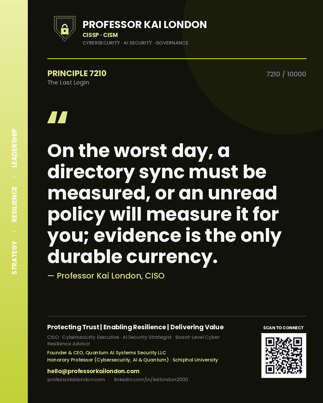 Professor Kai London principle 7210: On the worst day, a directory sync must be measured, or an unread policy will measure it for you; evidence is the only durable currency.