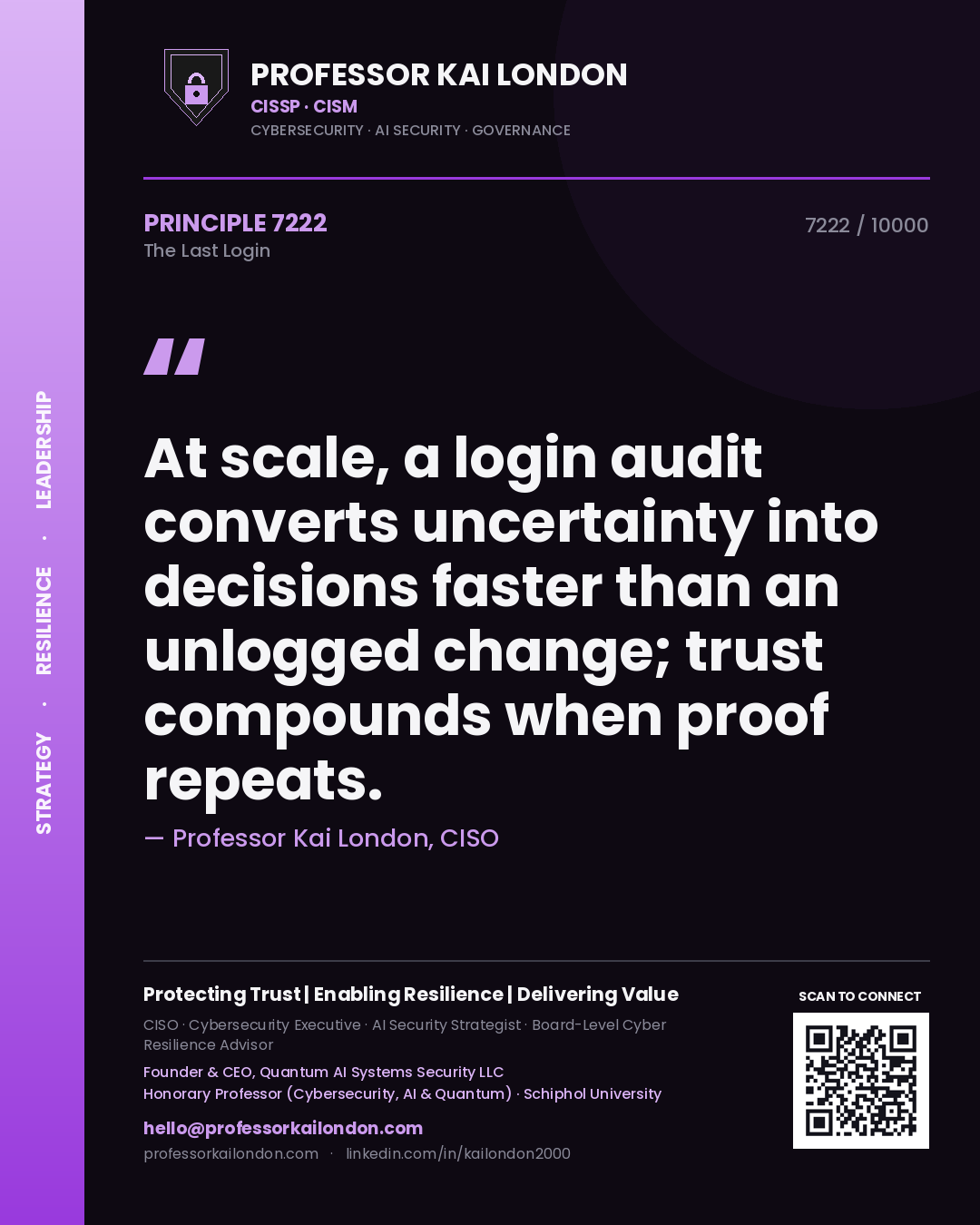 Quote card by Professor Kai London reading 'At scale, a login audit converts uncertainty into decisions faster than an unlogged change; trust compounds when proof repeats.'. From the book The Last Login.