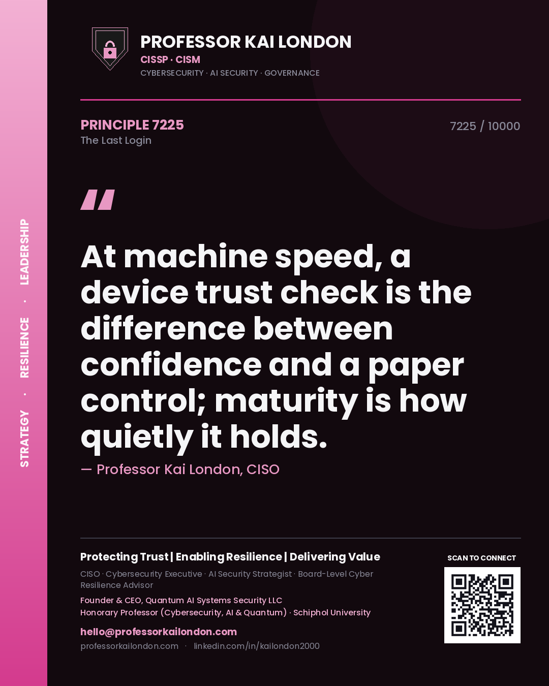Quote card by Professor Kai London reading 'At machine speed, a device trust check is the difference between confidence and a paper control; maturity is how quietly it holds.'. From the book The Last Login.