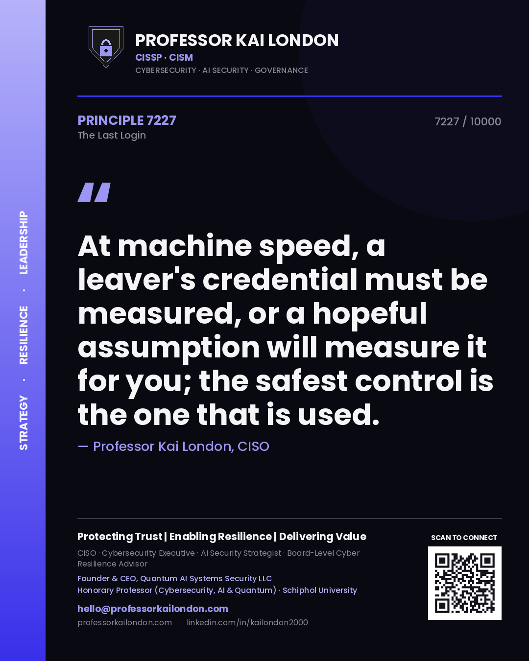 Professor Kai London principle 7227: At machine speed, a leaver's credential must be measured, or a hopeful assumption will measure it for you; the safest control is the one that is used.