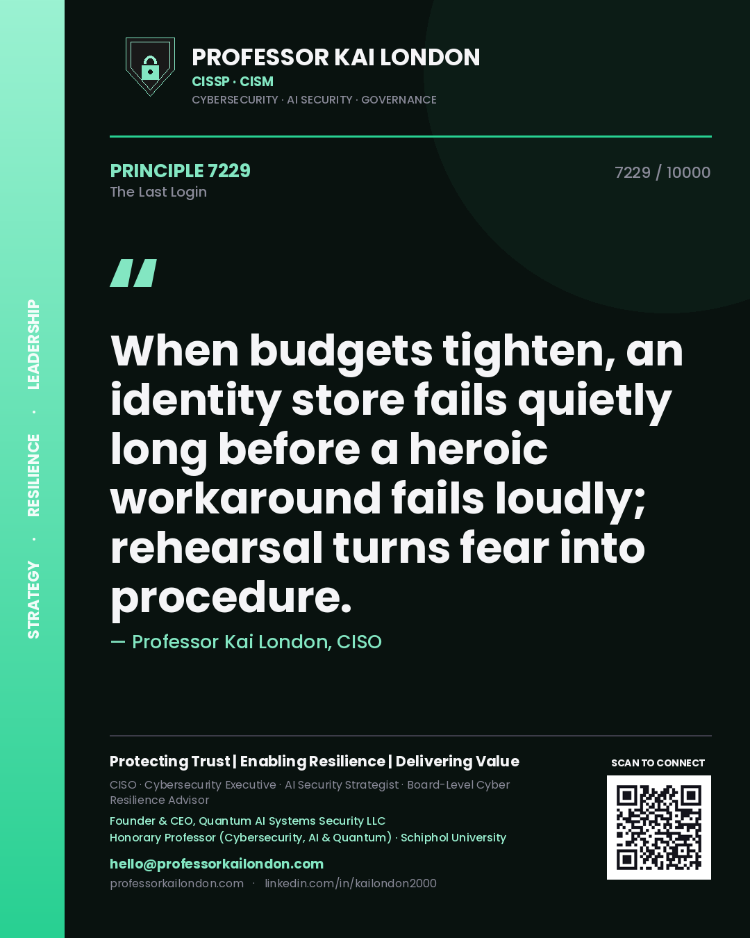 Professor Kai London principle 7229: When budgets tighten, an identity store fails quietly long before a heroic workaround fails loudly; rehearsal turns fear into procedure.