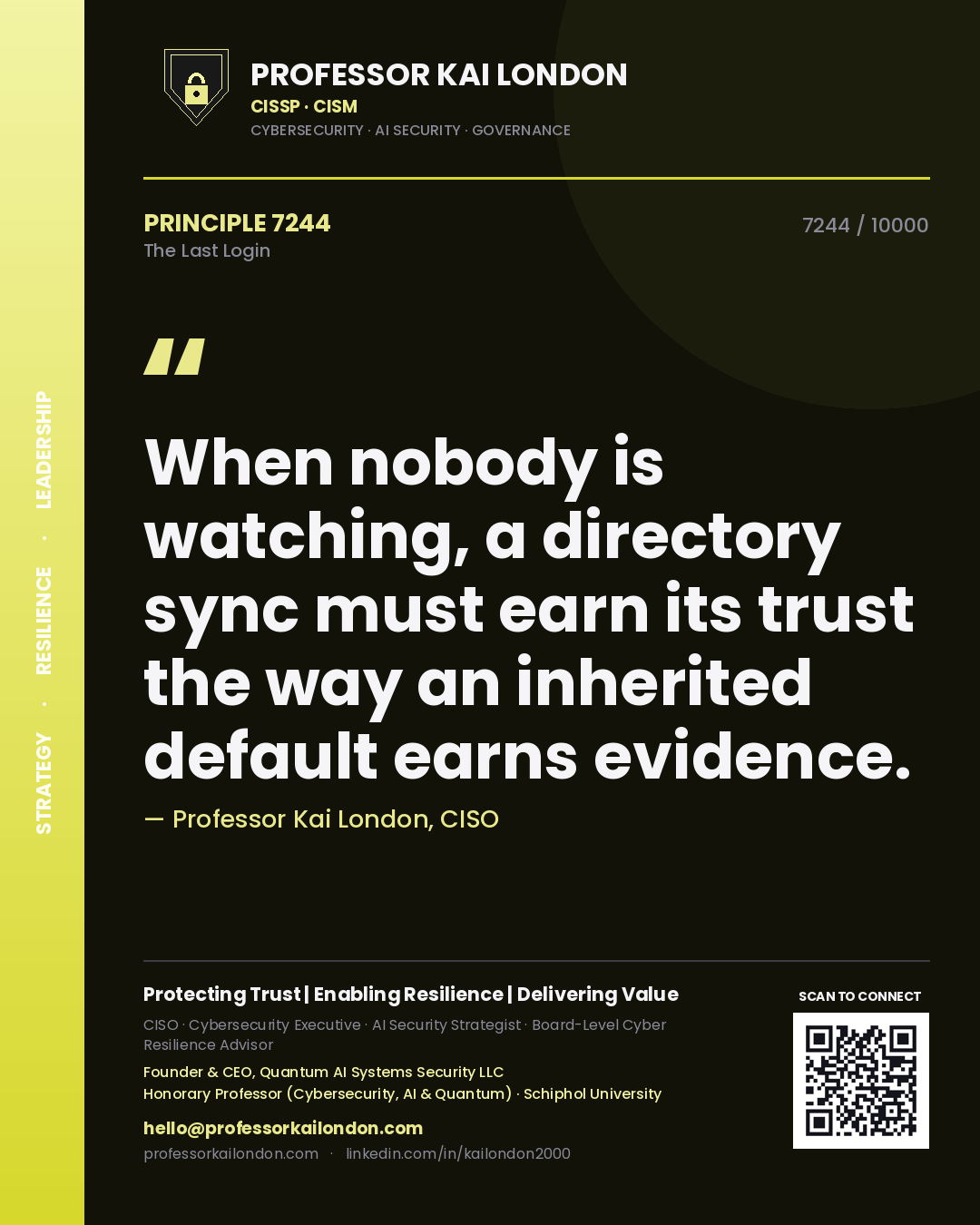 Quote card by Professor Kai London reading 'When nobody is watching, a directory sync must earn its trust the way an inherited default earns evidence.'. From the book The Last Login.
