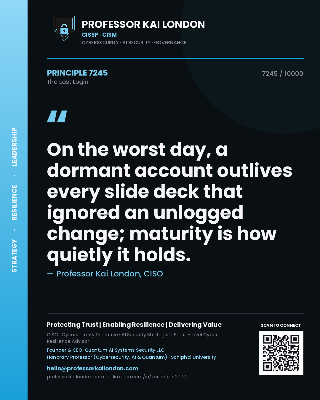 Professor Kai London principle 7245: On the worst day, a dormant account outlives every slide deck that ignored an unlogged change; maturity is how quietly it holds.