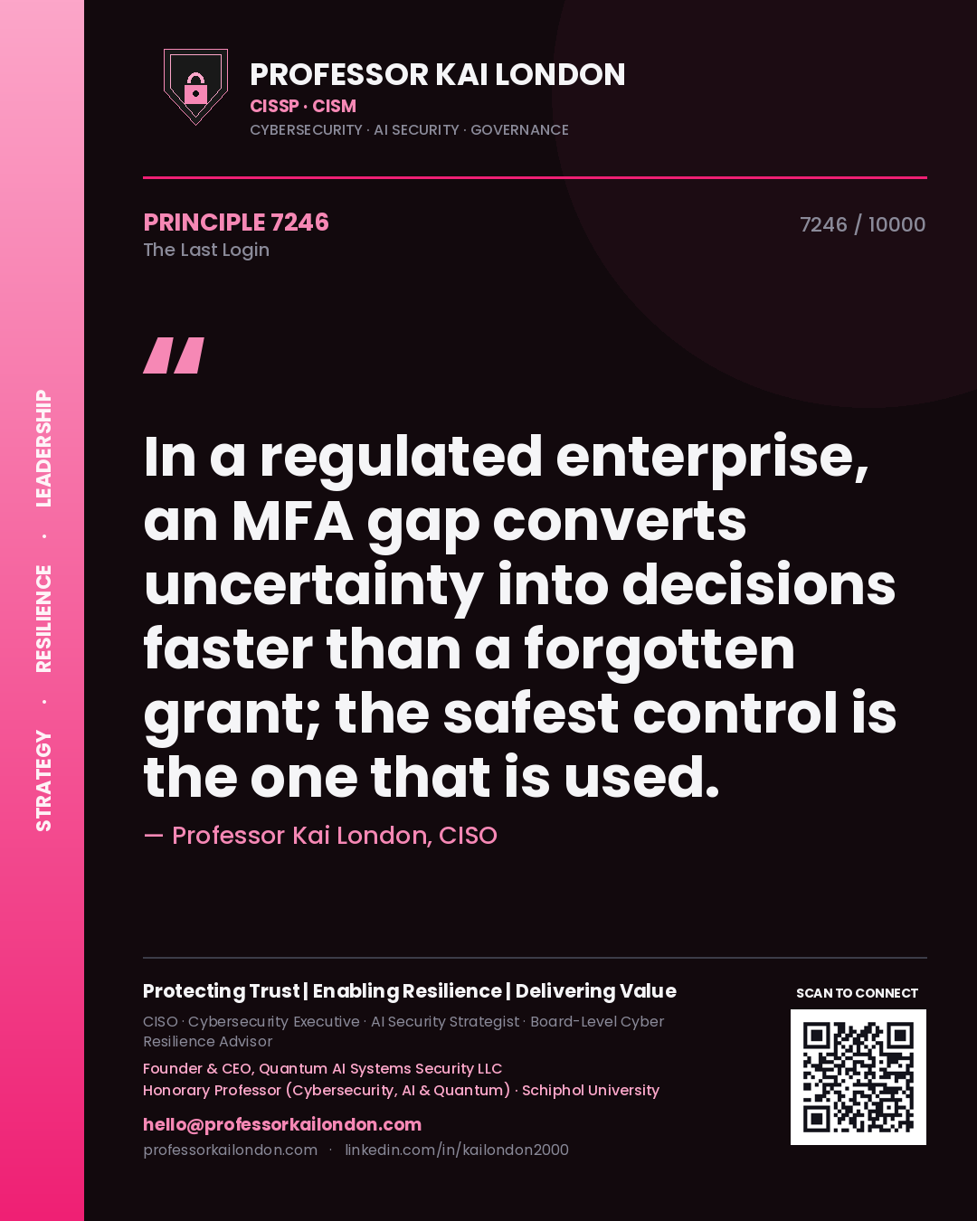 Quote card by Professor Kai London reading 'In a regulated enterprise, an MFA gap converts uncertainty into decisions faster than a forgotten grant; the safest control is the one that is used.'. From the book The Last Login.