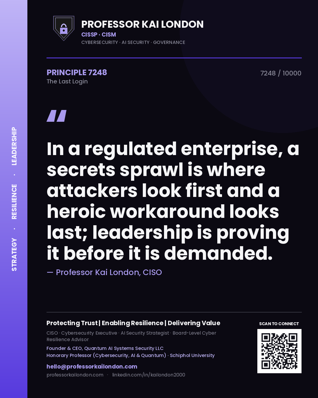 Professor Kai London principle 7248: In a regulated enterprise, a secrets sprawl is where attackers look first and a heroic workaround looks last; leadership is proving it before it is demanded.