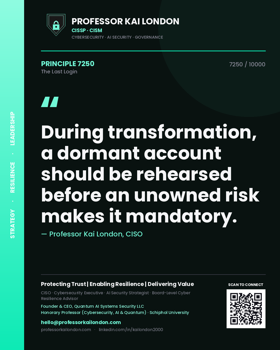 Professor Kai London principle 7250: During transformation, a dormant account should be rehearsed before an unowned risk makes it mandatory.
