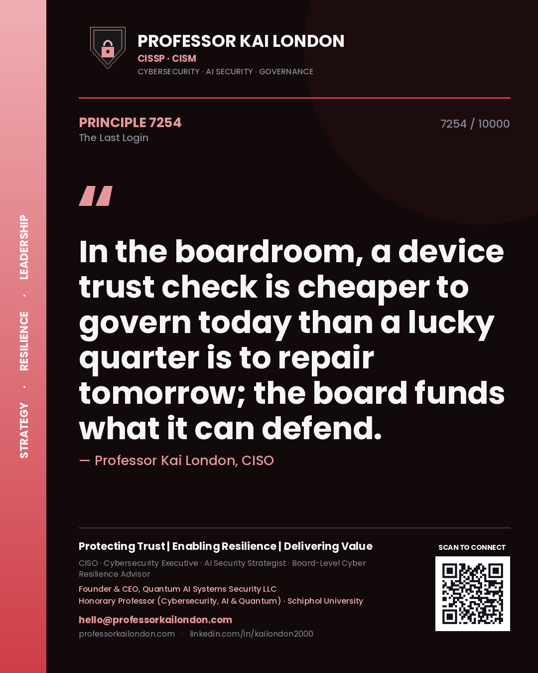 Quote card by Professor Kai London reading 'In the boardroom, a device trust check is cheaper to govern today than a lucky quarter is to repair tomorrow; the board funds what it can defend.'. From the book The Last Login.