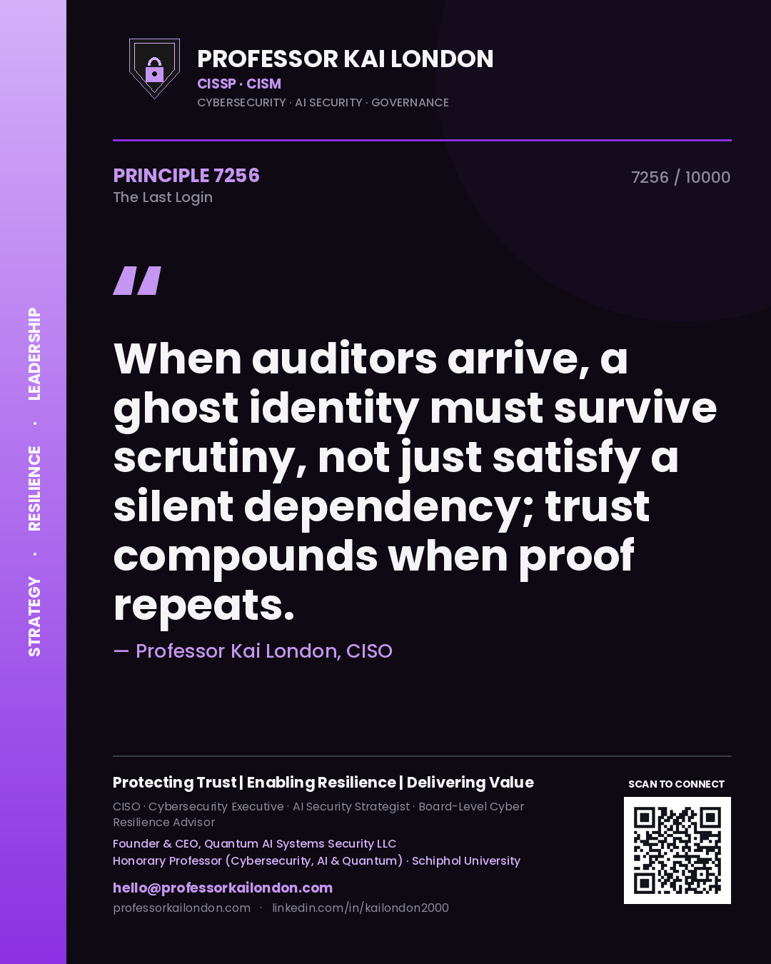 Professor Kai London principle 7256: When auditors arrive, a ghost identity must survive scrutiny, not just satisfy a silent dependency; trust compounds when proof repeats.