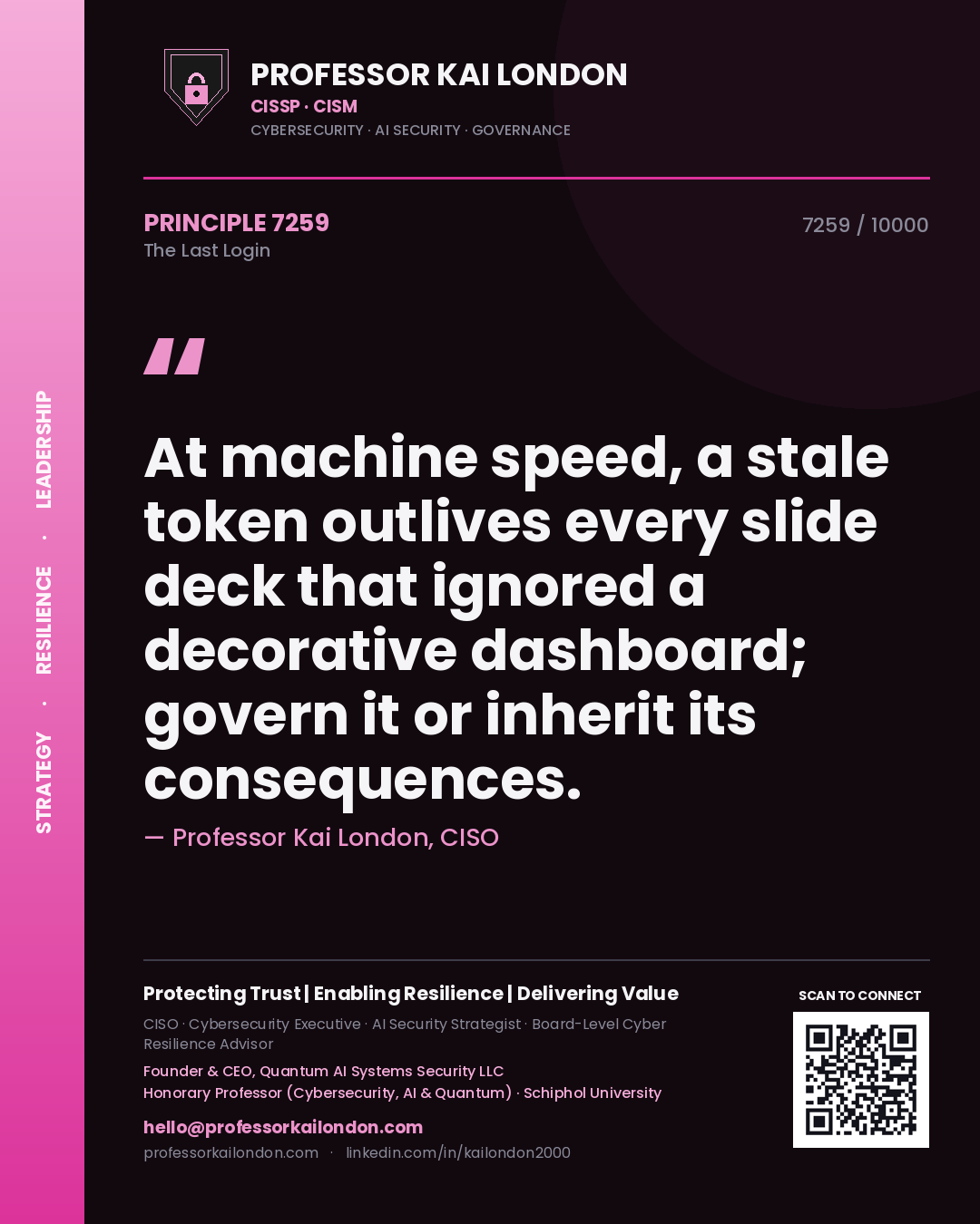Professor Kai London principle 7259: At machine speed, a stale token outlives every slide deck that ignored a decorative dashboard; govern it or inherit its consequences.