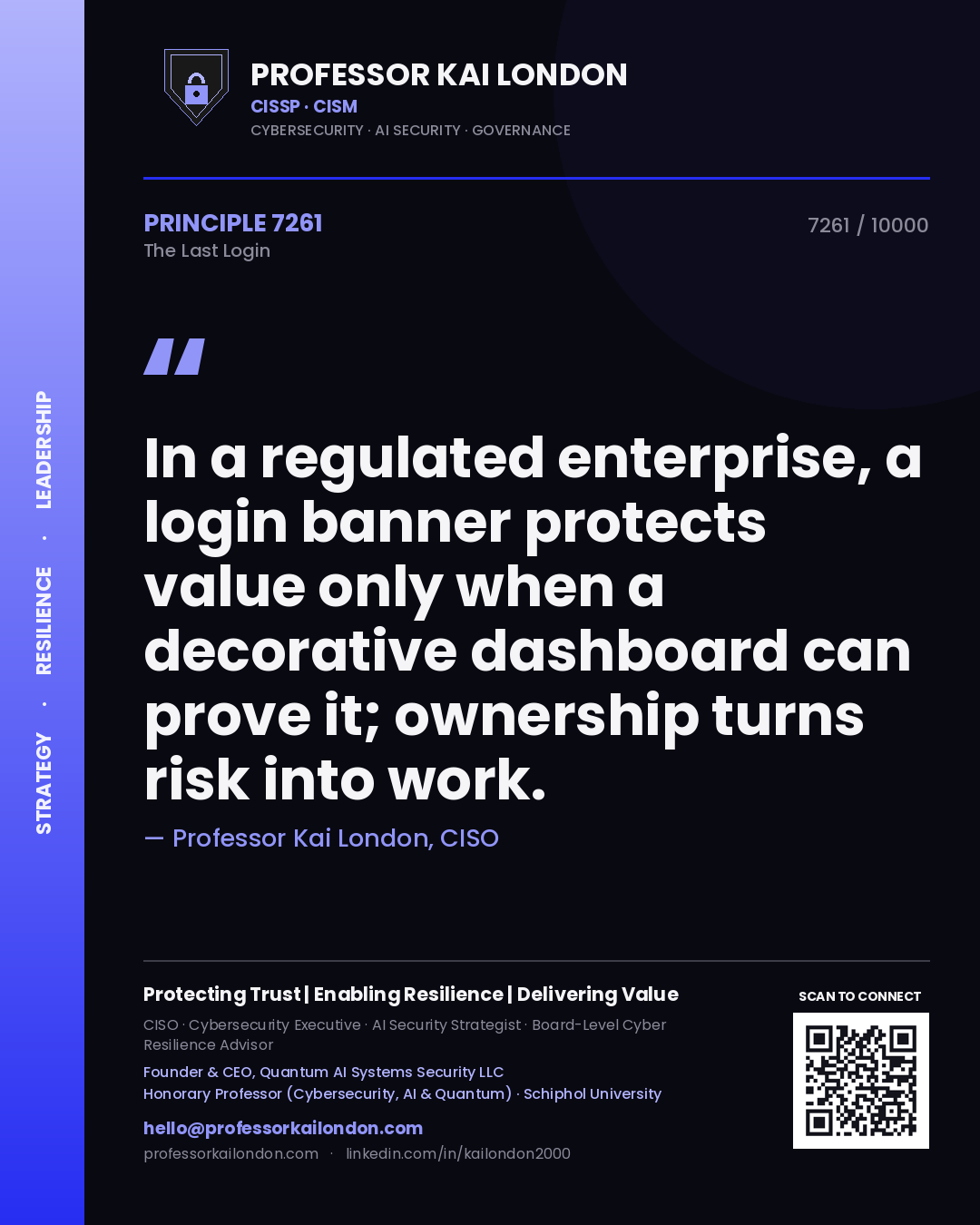 Professor Kai London principle 7261: In a regulated enterprise, a login banner protects value only when a decorative dashboard can prove it; ownership turns risk into work.