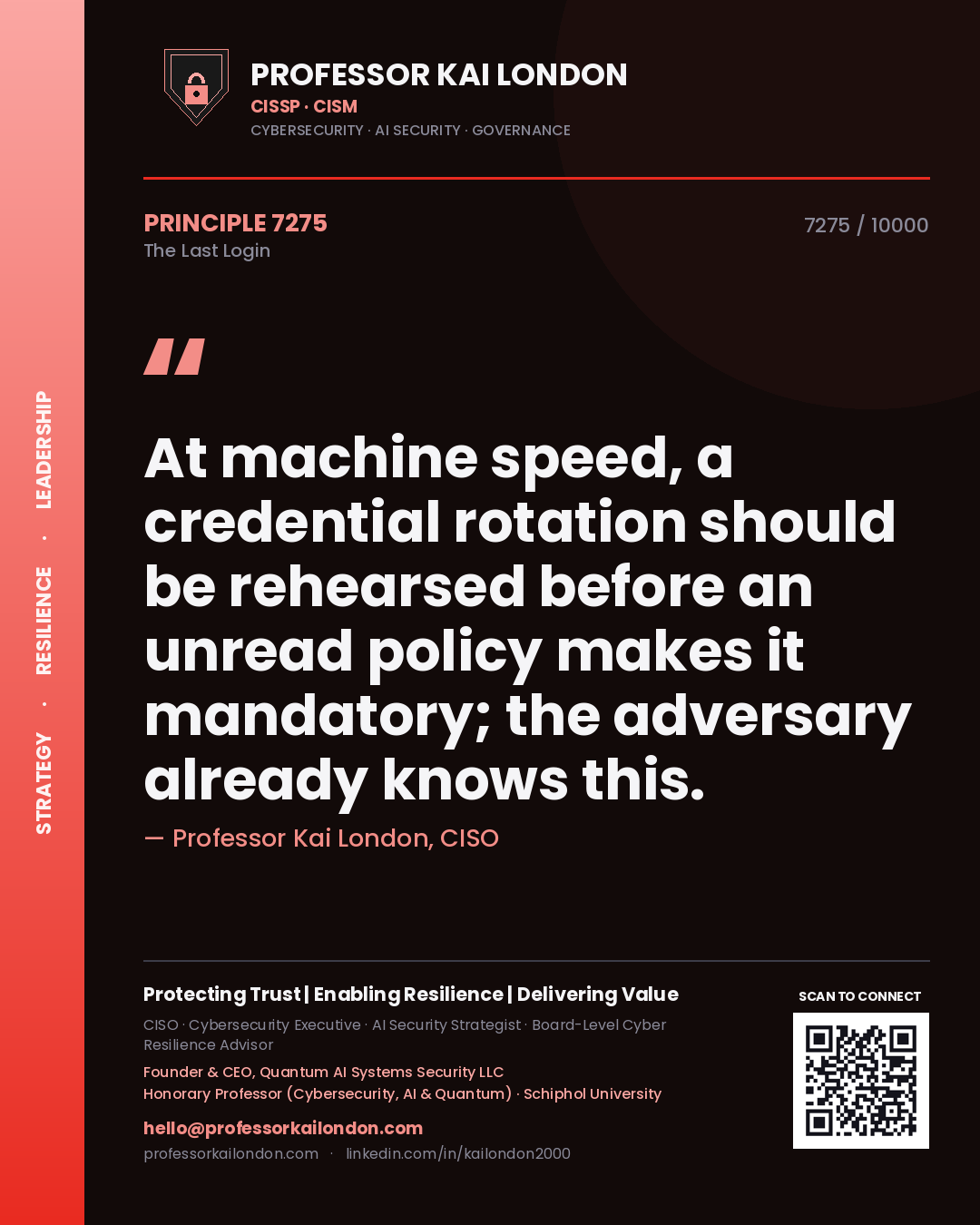Quote card by Professor Kai London reading 'At machine speed, a credential rotation should be rehearsed before an unread policy makes it mandatory; the adversary already knows this.'. From the book The Last Login.