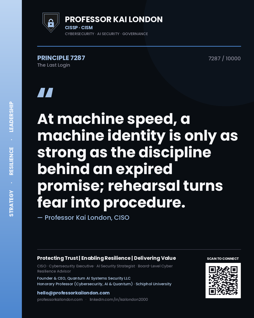 Quote card by Professor Kai London reading 'At machine speed, a machine identity is only as strong as the discipline behind an expired promise; rehearsal turns fear into procedure.'. From the book The Last Login.