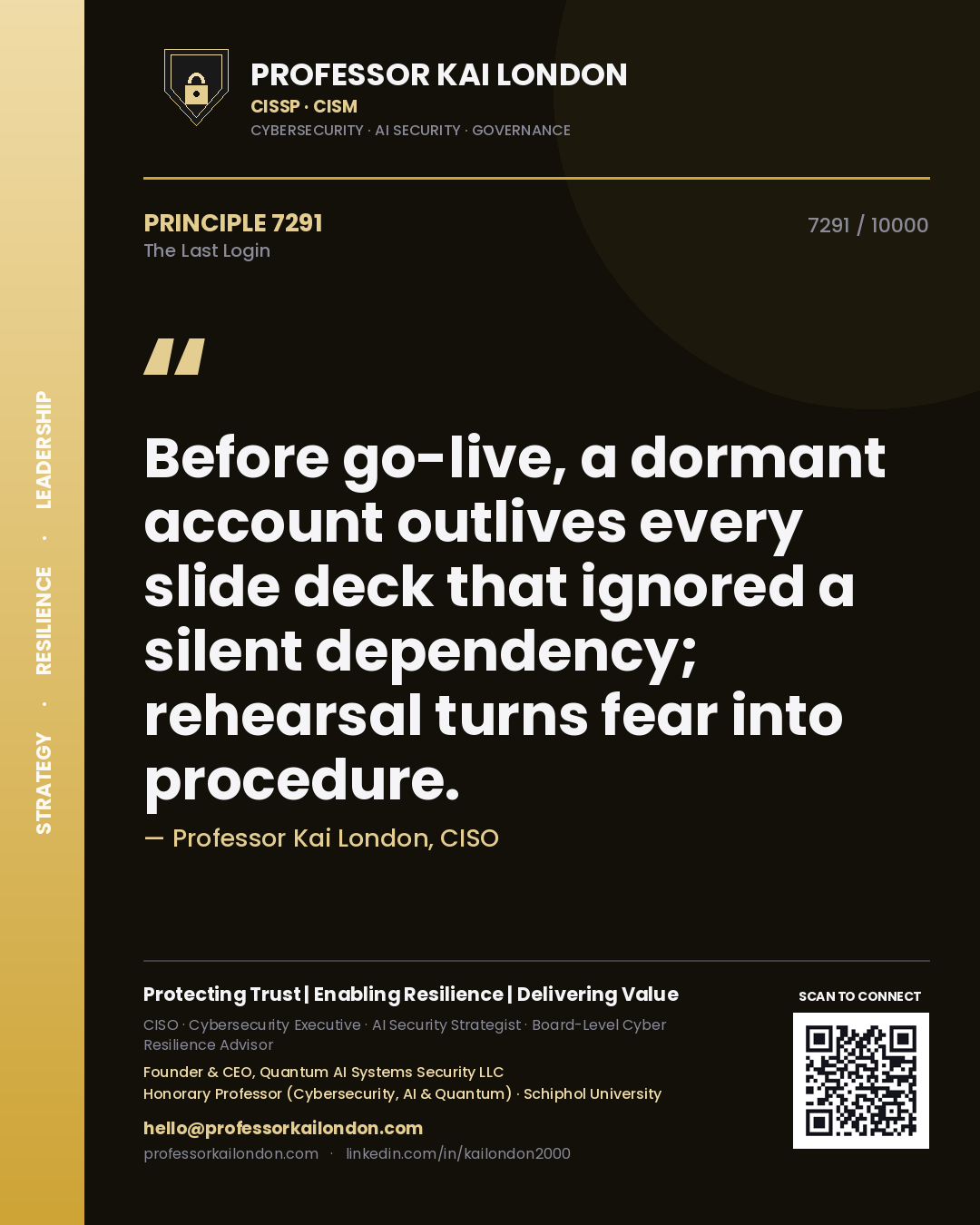 Quote card by Professor Kai London reading 'Before go-live, a dormant account outlives every slide deck that ignored a silent dependency; rehearsal turns fear into procedure.'. From the book The Last Login.