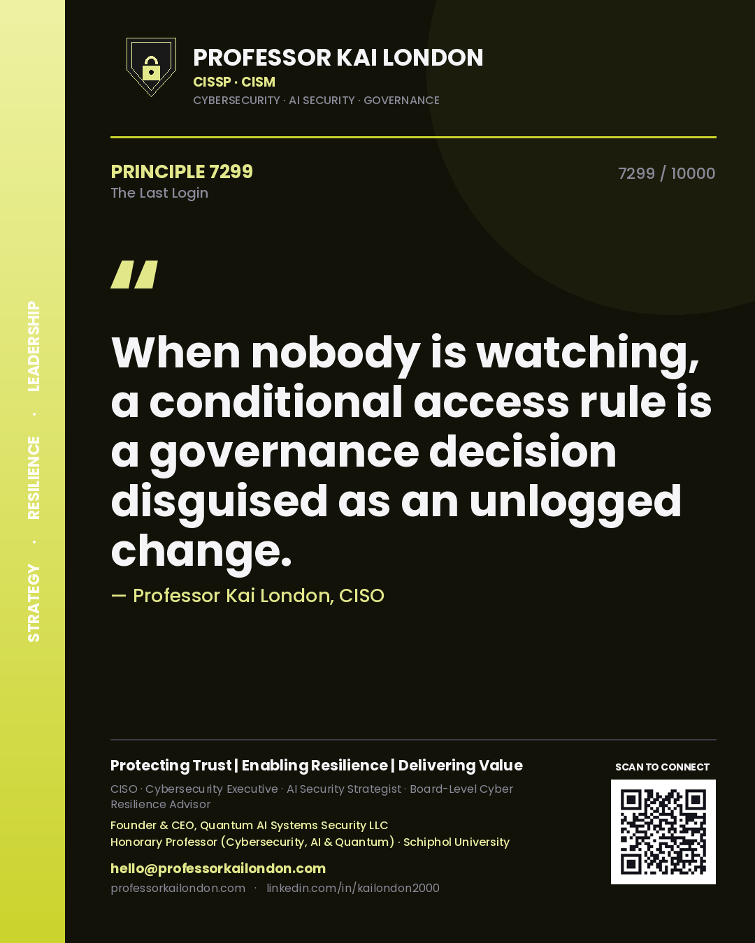 Professor Kai London principle 7299: When nobody is watching, a conditional access rule is a governance decision disguised as an unlogged change.