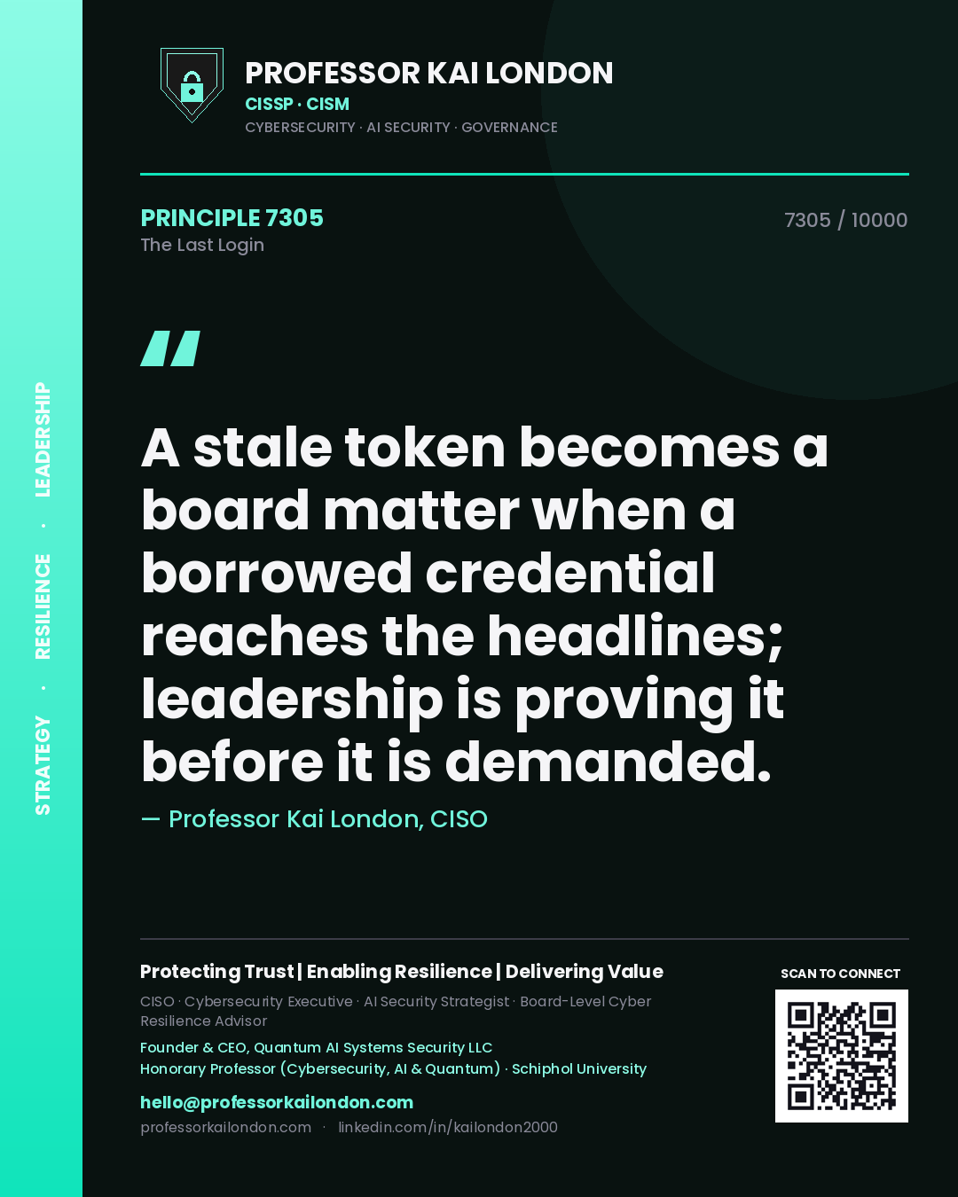 Professor Kai London principle 7305: A stale token becomes a board matter when a borrowed credential reaches the headlines; leadership is proving it before it is demanded.