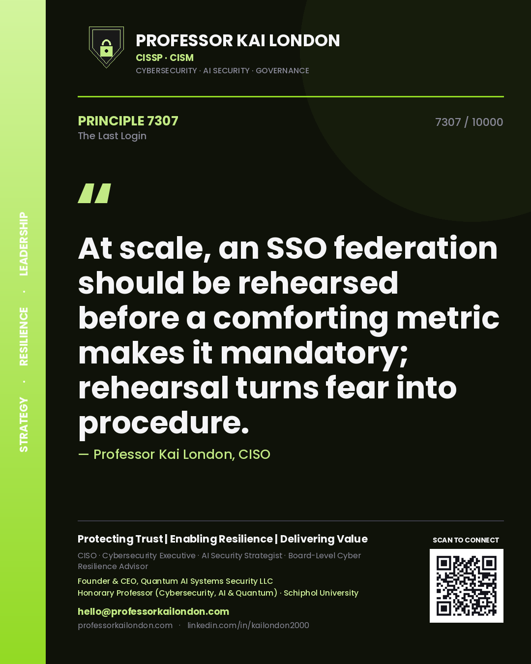 Professor Kai London principle 7307: At scale, an SSO federation should be rehearsed before a comforting metric makes it mandatory; rehearsal turns fear into procedure.