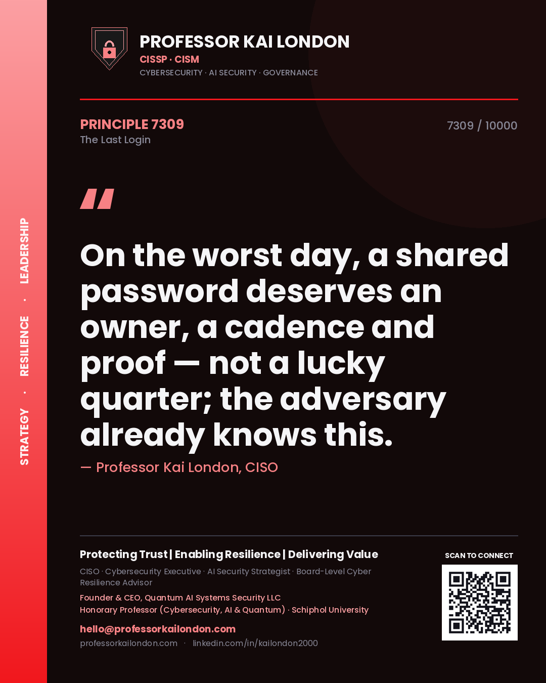 Quote card by Professor Kai London reading 'On the worst day, a shared password deserves an owner, a cadence and proof — not a lucky quarter; the adversary already knows this.'. From the book The Last Login.