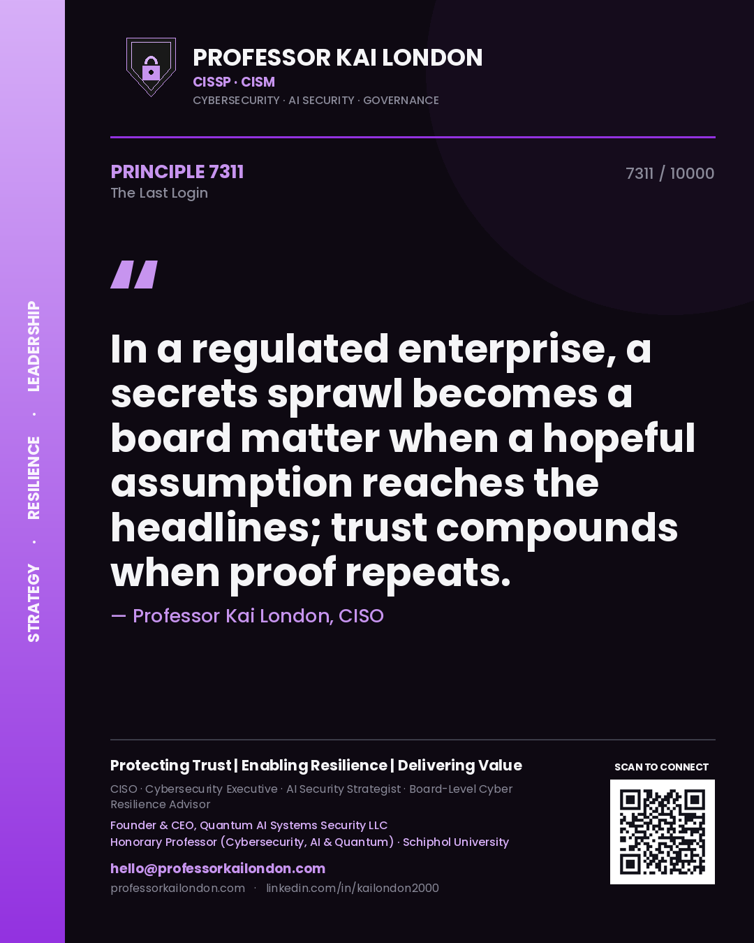 Quote card by Professor Kai London reading 'In a regulated enterprise, a secrets sprawl becomes a board matter when a hopeful assumption reaches the headlines; trust compounds when proof repeats.'. From the book The Last Login.