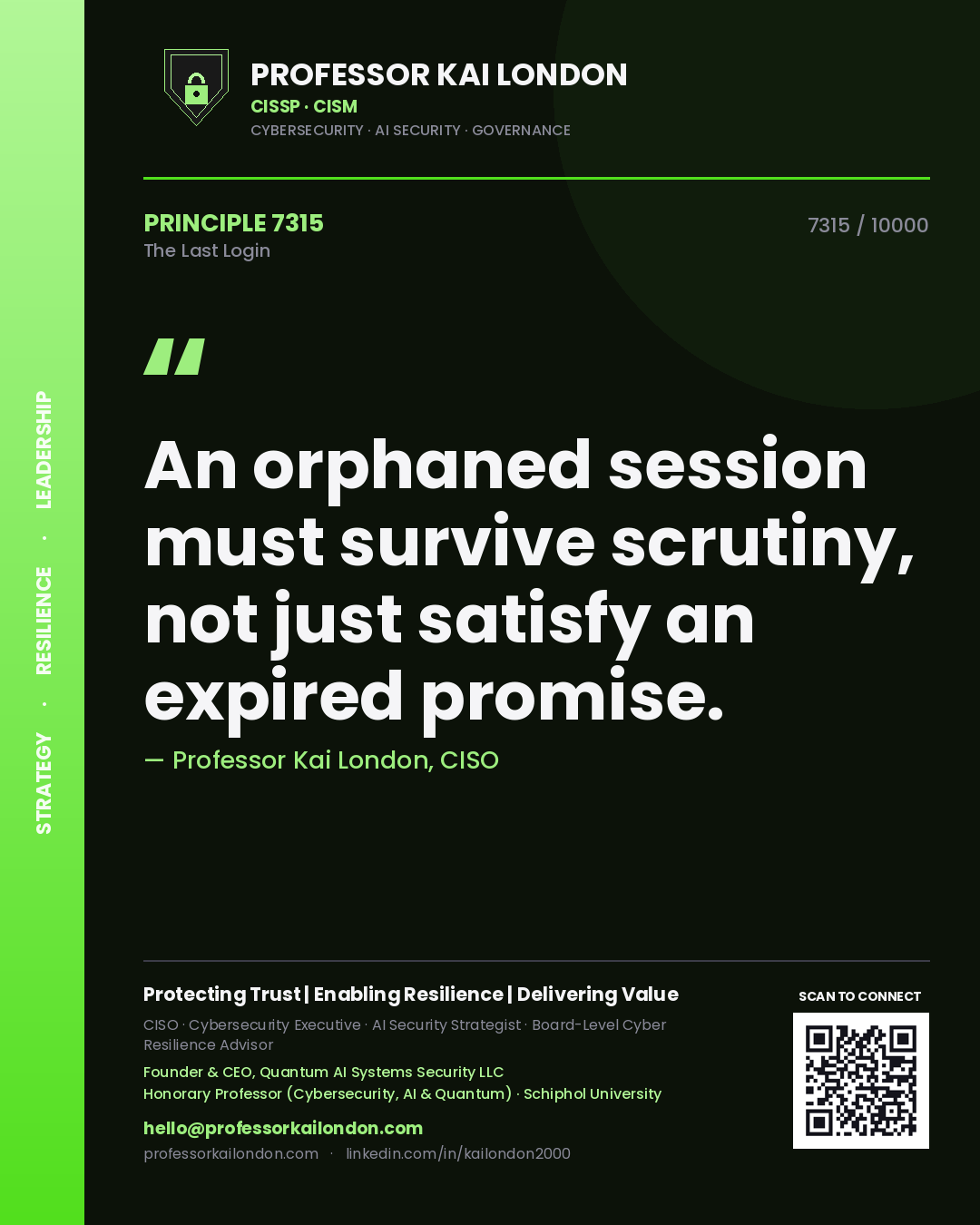 Professor Kai London principle 7315: An orphaned session must survive scrutiny, not just satisfy an expired promise.