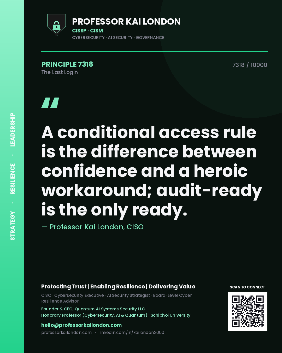 Quote card by Professor Kai London reading 'A conditional access rule is the difference between confidence and a heroic workaround; audit-ready is the only ready.'. From the book The Last Login.