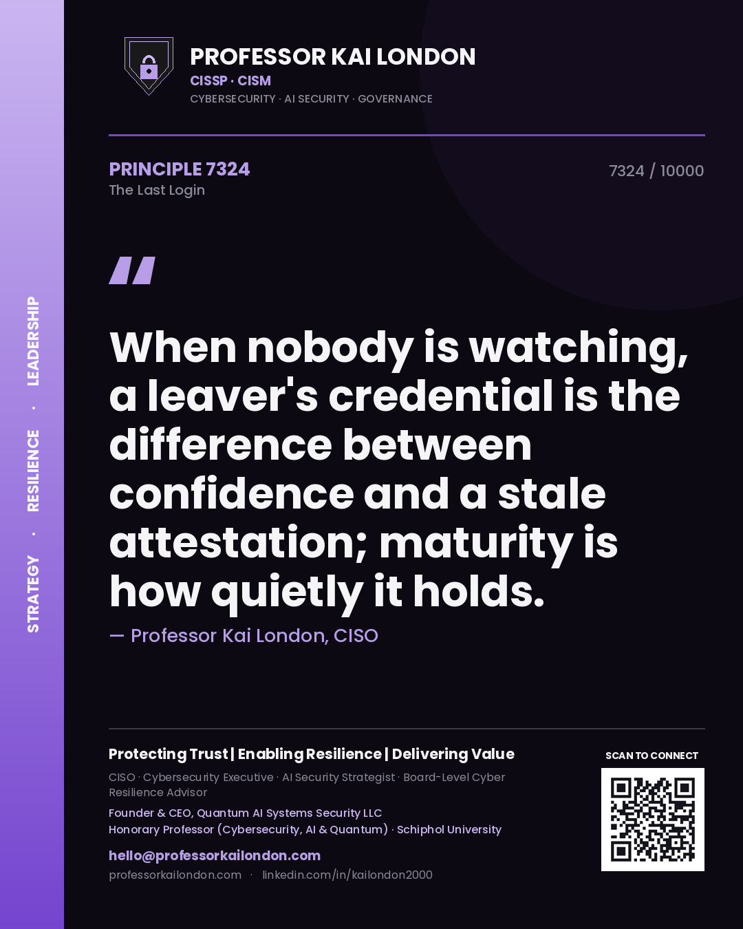 Quote card by Professor Kai London reading 'When nobody is watching, a leaver's credential is the difference between confidence and a stale attestation; maturity is how quietly it holds.'. From the book The Last Login.