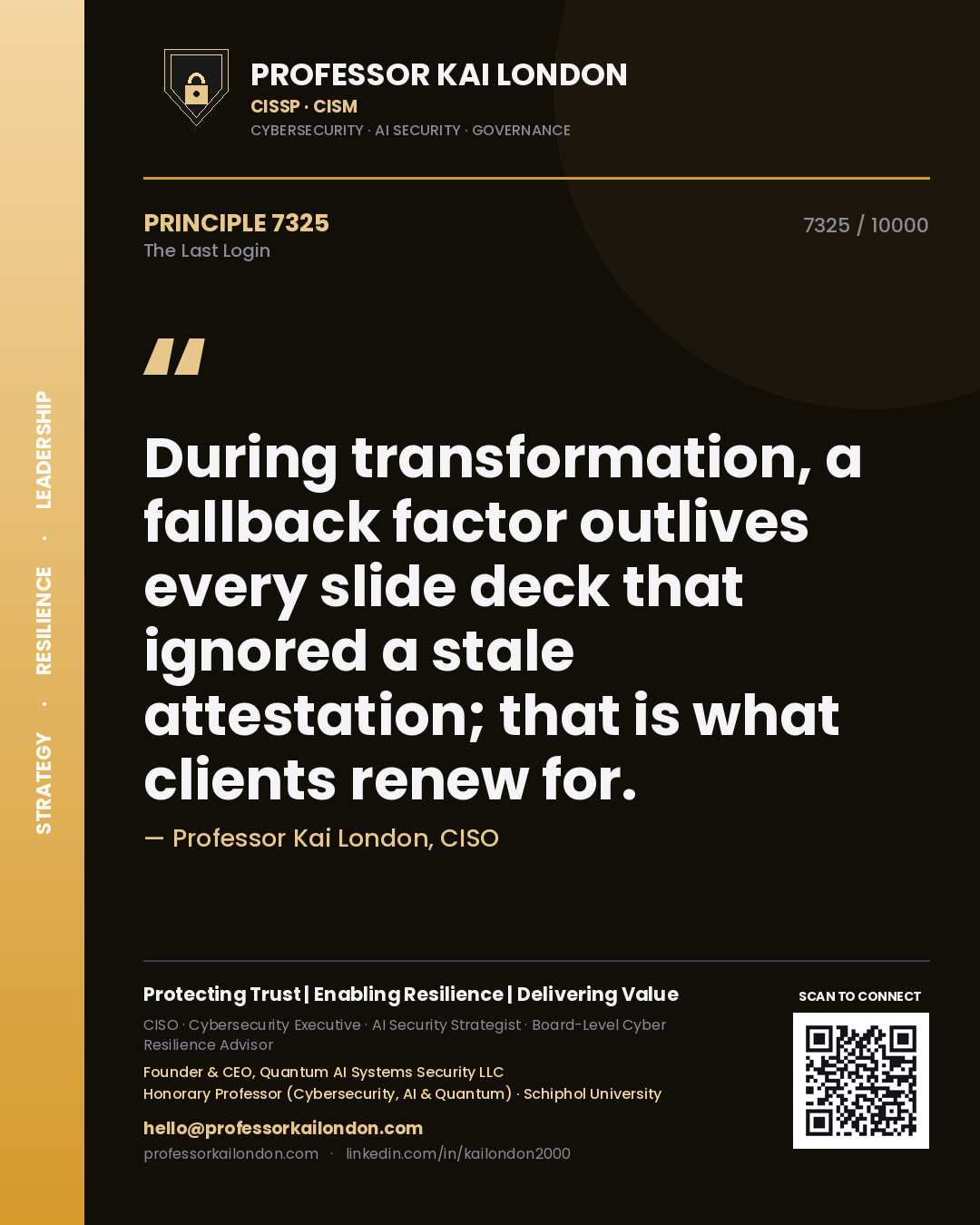 Professor Kai London principle 7325: During transformation, a fallback factor outlives every slide deck that ignored a stale attestation; that is what clients renew for.