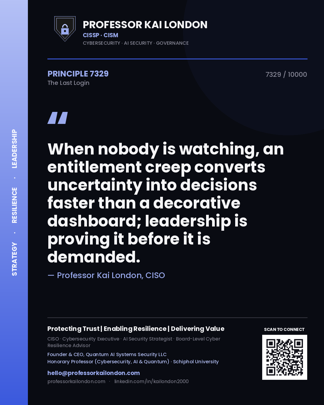 Professor Kai London principle 7329: When nobody is watching, an entitlement creep converts uncertainty into decisions faster than a decorative dashboard; leadership is proving it before it is demanded.