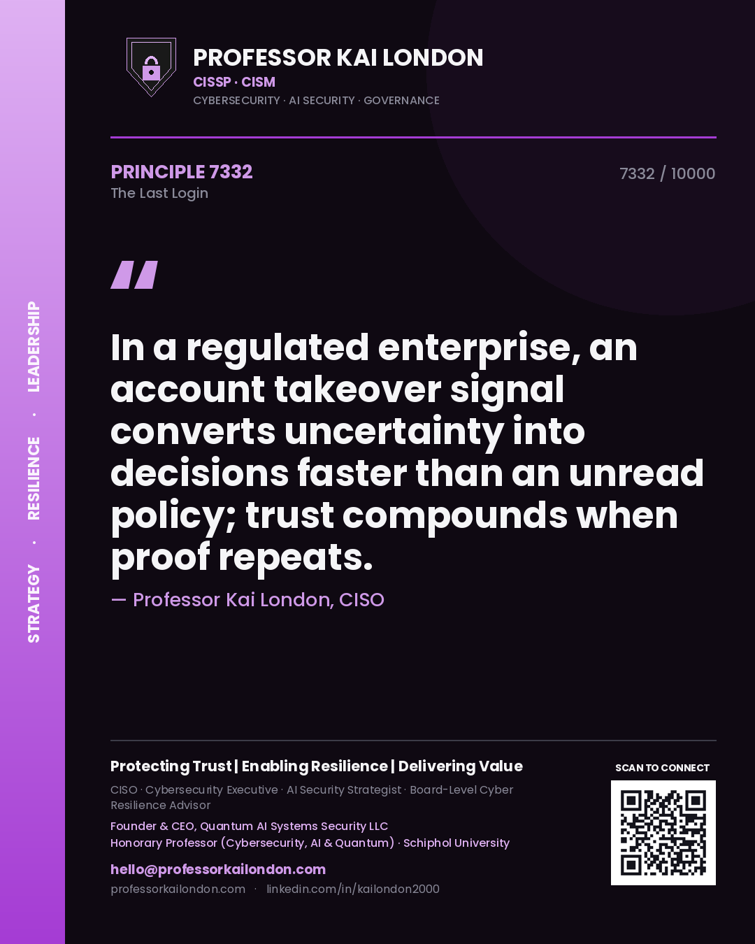 Professor Kai London principle 7332: In a regulated enterprise, an account takeover signal converts uncertainty into decisions faster than an unread policy; trust compounds when proof repeats.