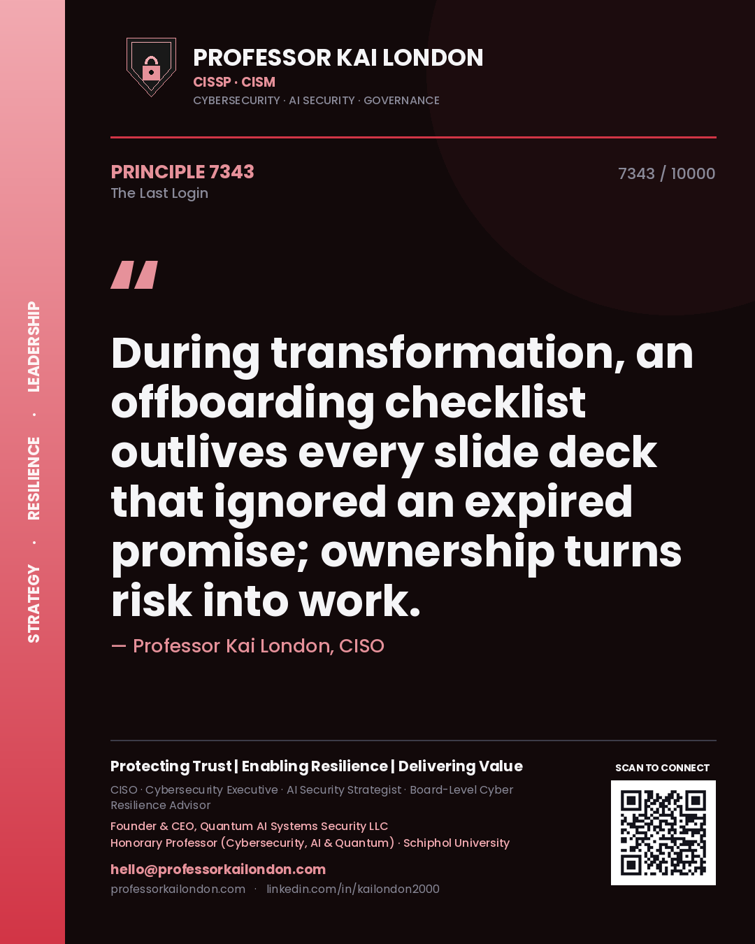 Quote card by Professor Kai London reading 'During transformation, an offboarding checklist outlives every slide deck that ignored an expired promise; ownership turns risk into work.'. From the book The Last Login.