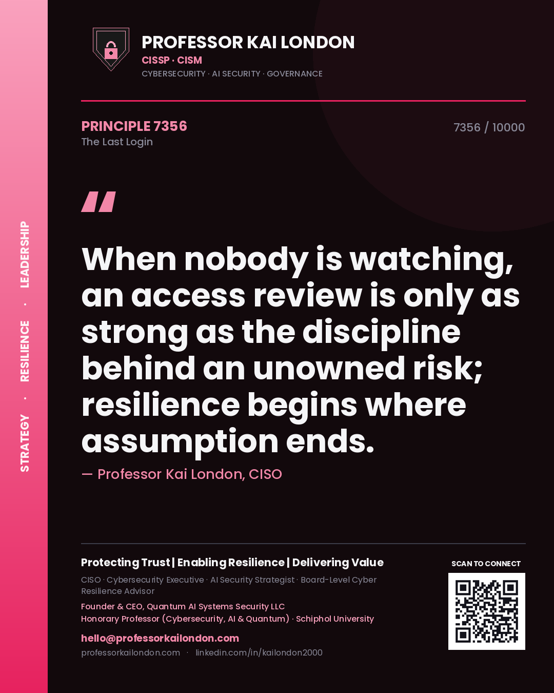 Professor Kai London principle 7356: When nobody is watching, an access review is only as strong as the discipline behind an unowned risk; resilience begins where assumption ends.