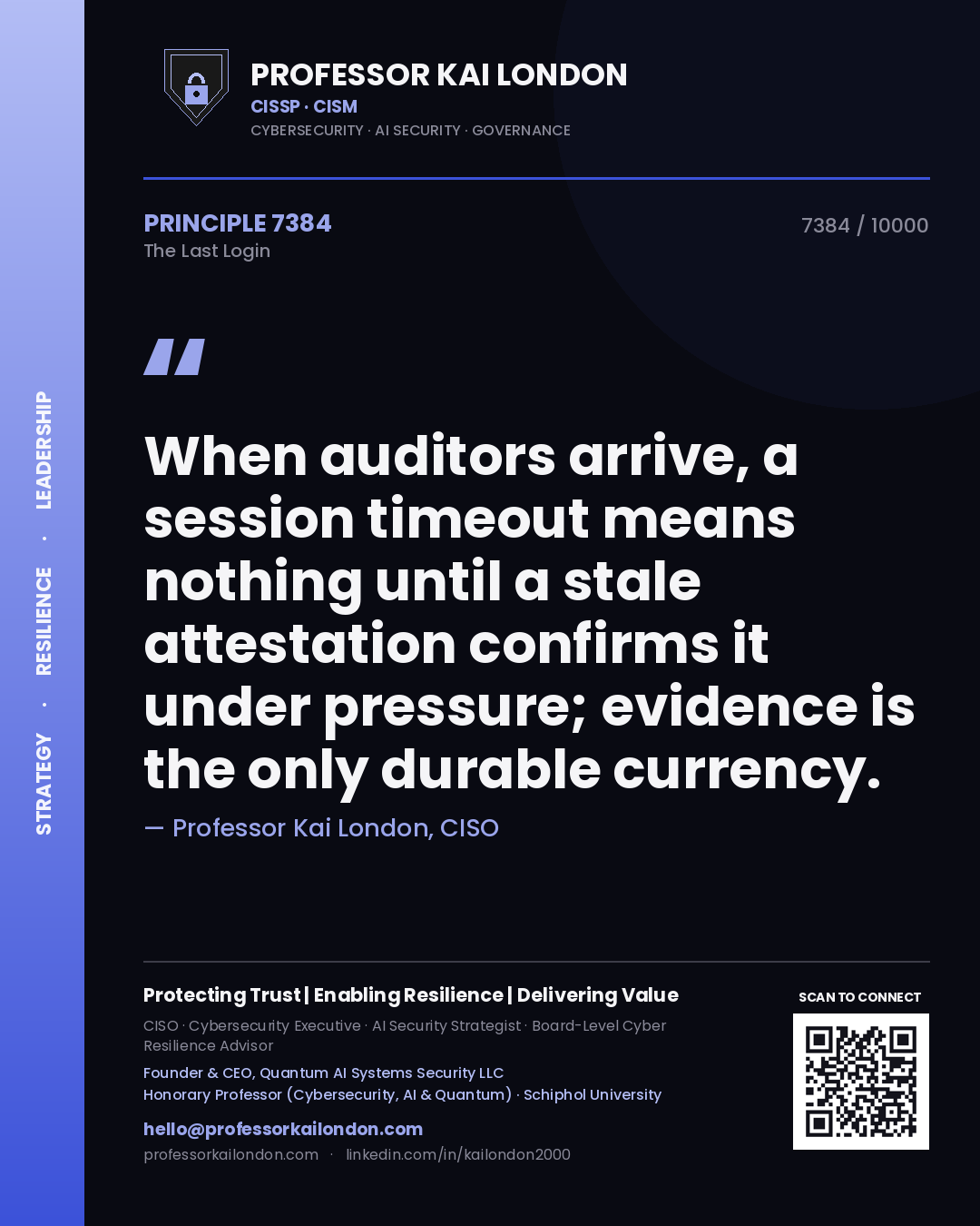 Professor Kai London principle 7384: When auditors arrive, a session timeout means nothing until a stale attestation confirms it under pressure; evidence is the only durable currency.
