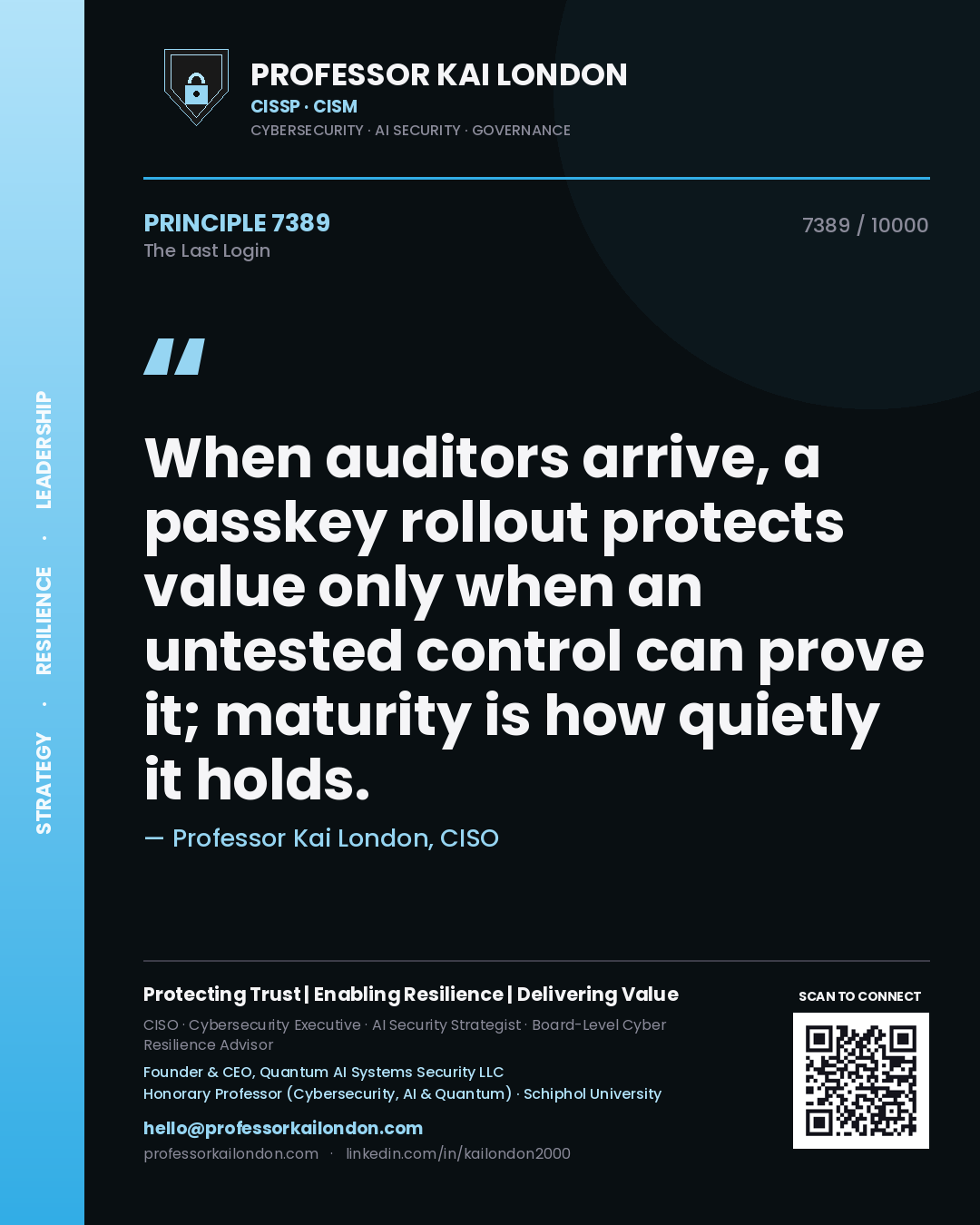 Professor Kai London principle 7389: When auditors arrive, a passkey rollout protects value only when an untested control can prove it; maturity is how quietly it holds.