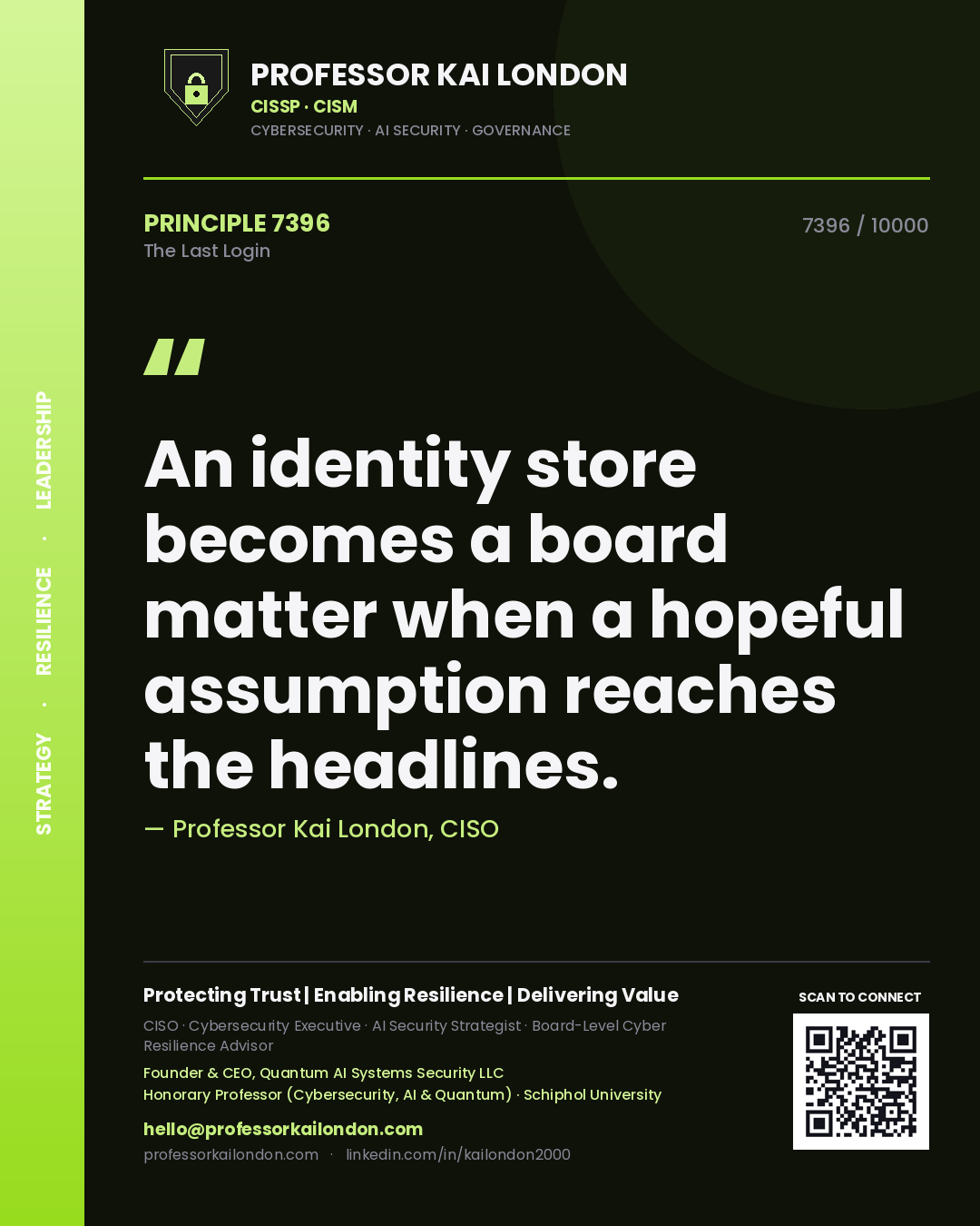 Quote card by Professor Kai London reading 'An identity store becomes a board matter when a hopeful assumption reaches the headlines.'. From the book The Last Login.
