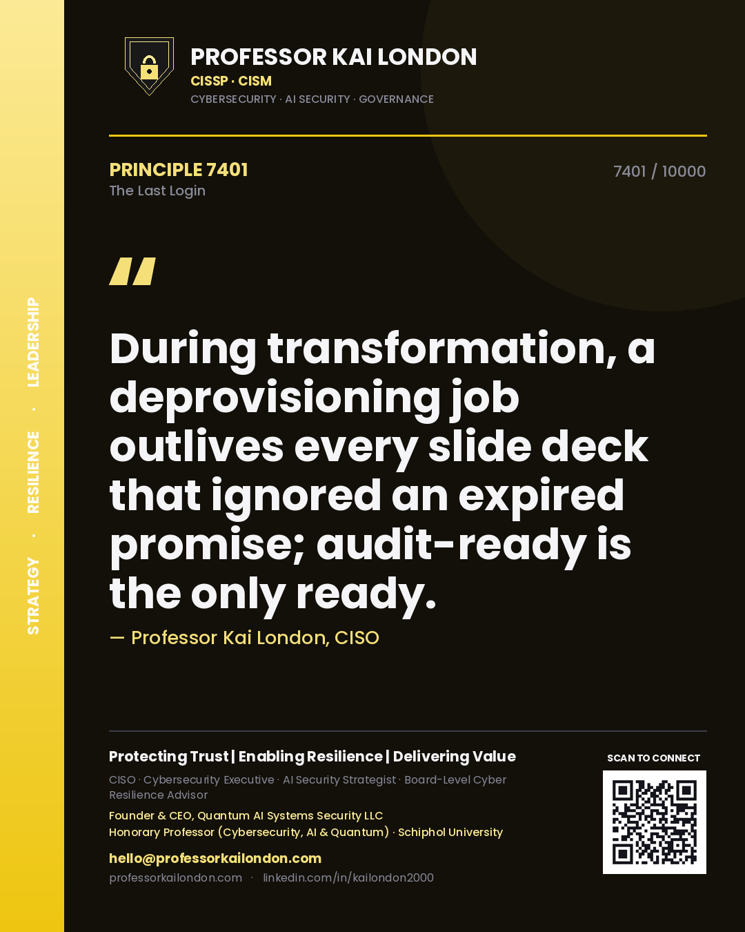 Professor Kai London principle 7401: During transformation, a deprovisioning job outlives every slide deck that ignored an expired promise; audit-ready is the only ready.
