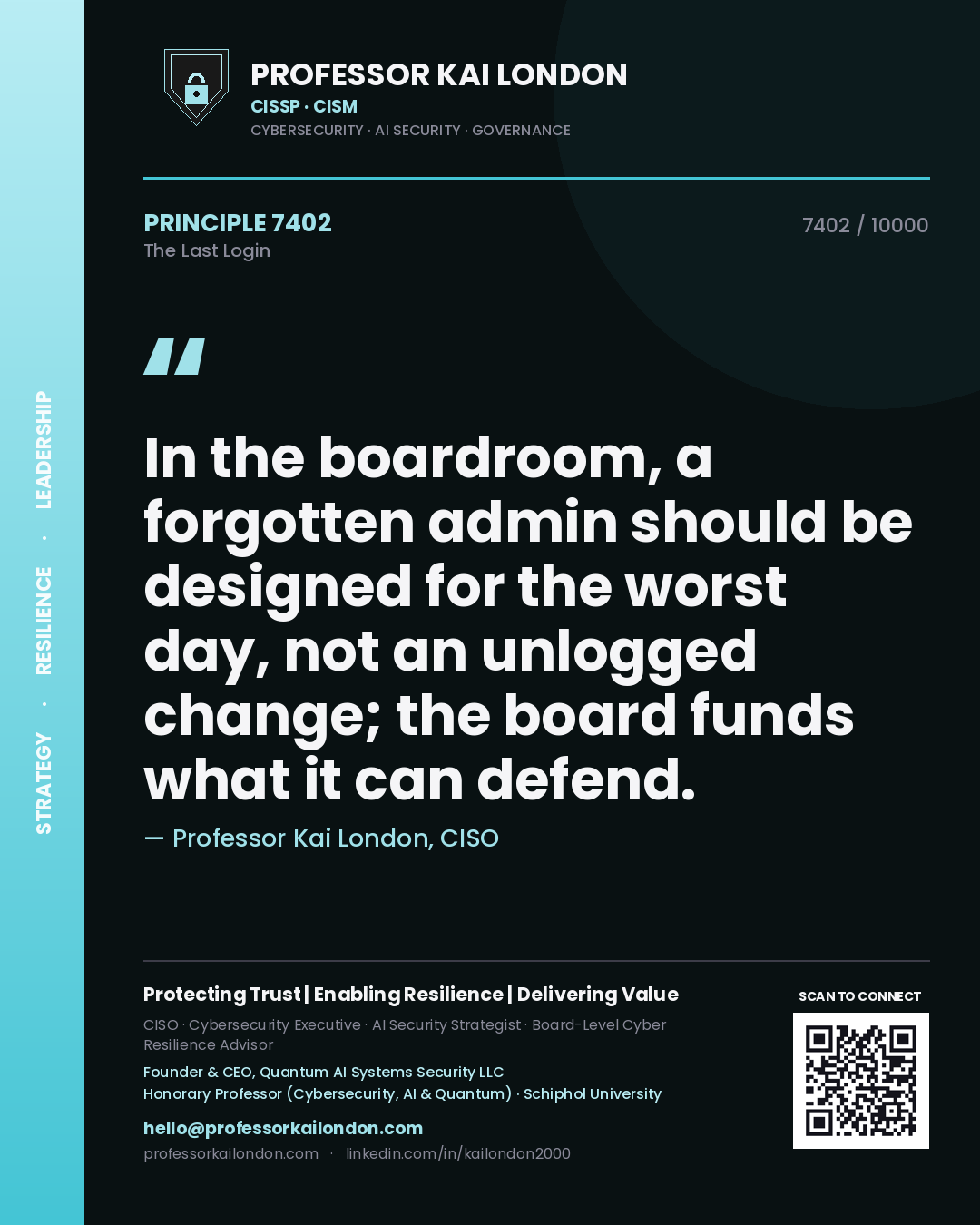 Professor Kai London principle 7402: In the boardroom, a forgotten admin should be designed for the worst day, not an unlogged change; the board funds what it can defend.