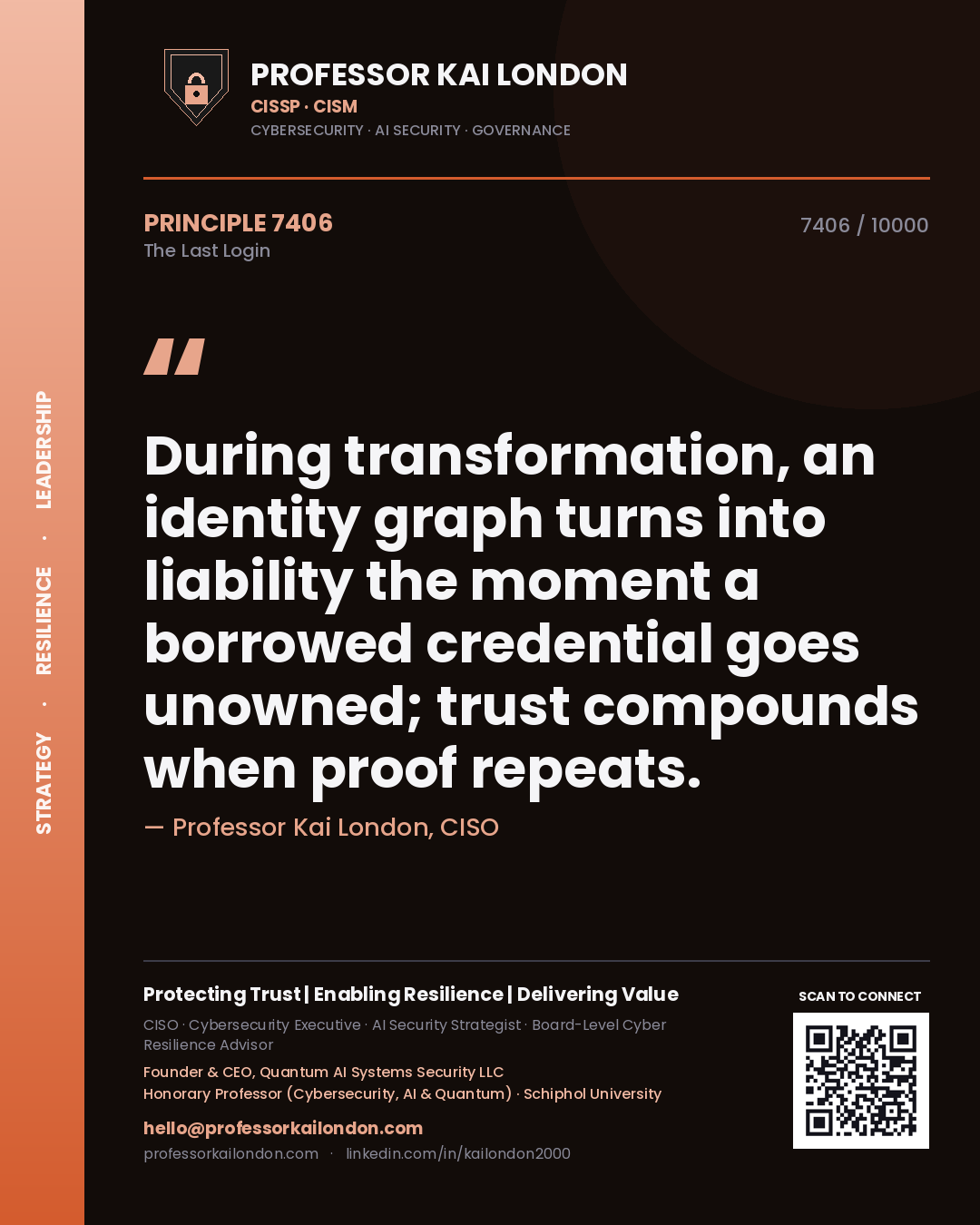 Professor Kai London principle 7406: During transformation, an identity graph turns into liability the moment a borrowed credential goes unowned; trust compounds when proof repeats.
