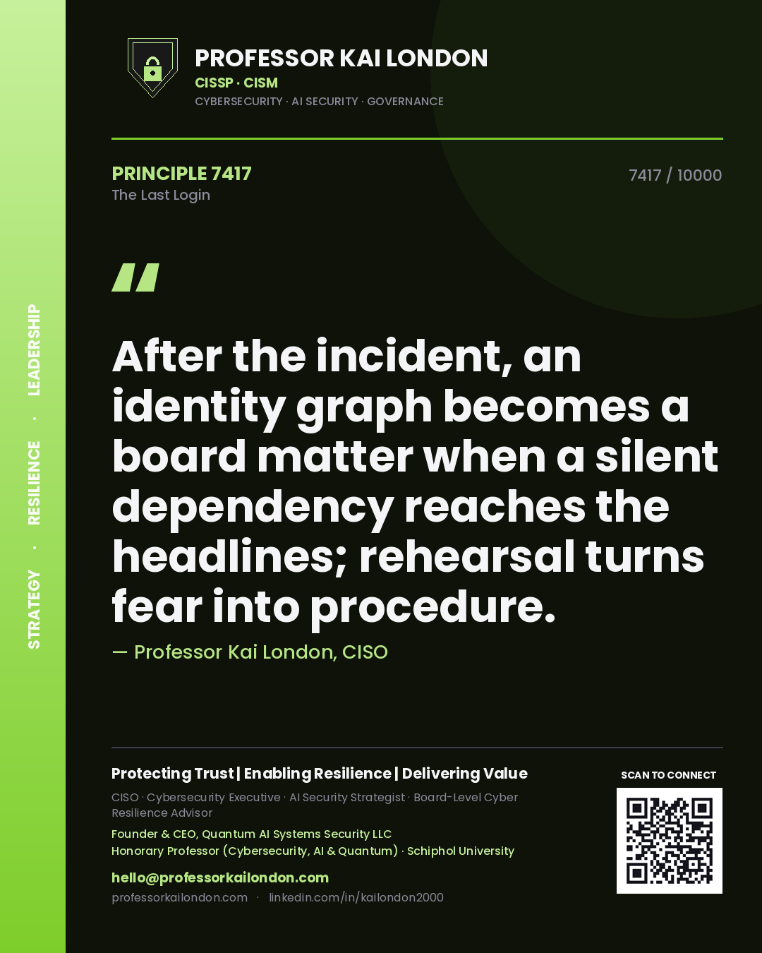 Professor Kai London principle 7417: After the incident, an identity graph becomes a board matter when a silent dependency reaches the headlines; rehearsal turns fear into procedure.
