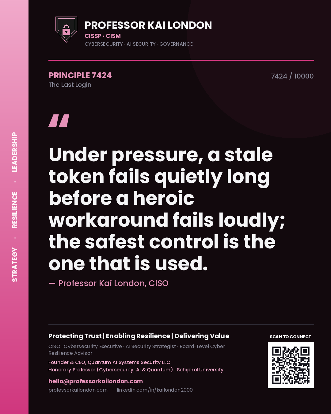 Quote card by Professor Kai London reading 'Under pressure, a stale token fails quietly long before a heroic workaround fails loudly; the safest control is the one that is used.'. From the book The Last Login.