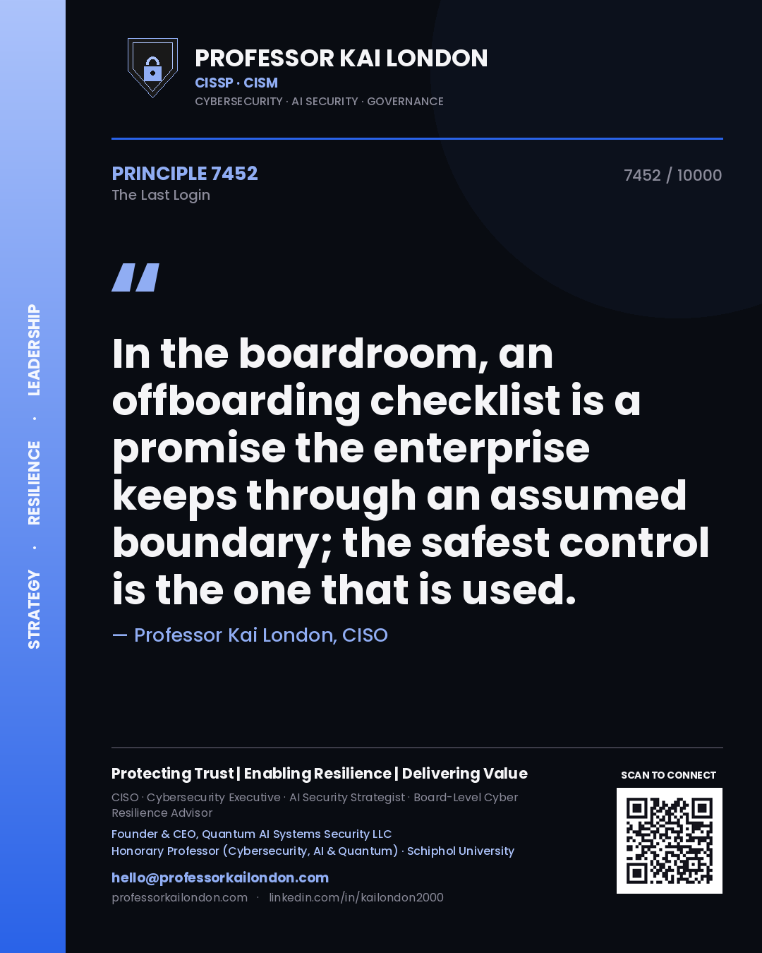 Professor Kai London principle 7452: In the boardroom, an offboarding checklist is a promise the enterprise keeps through an assumed boundary; the safest control is the one that is used.