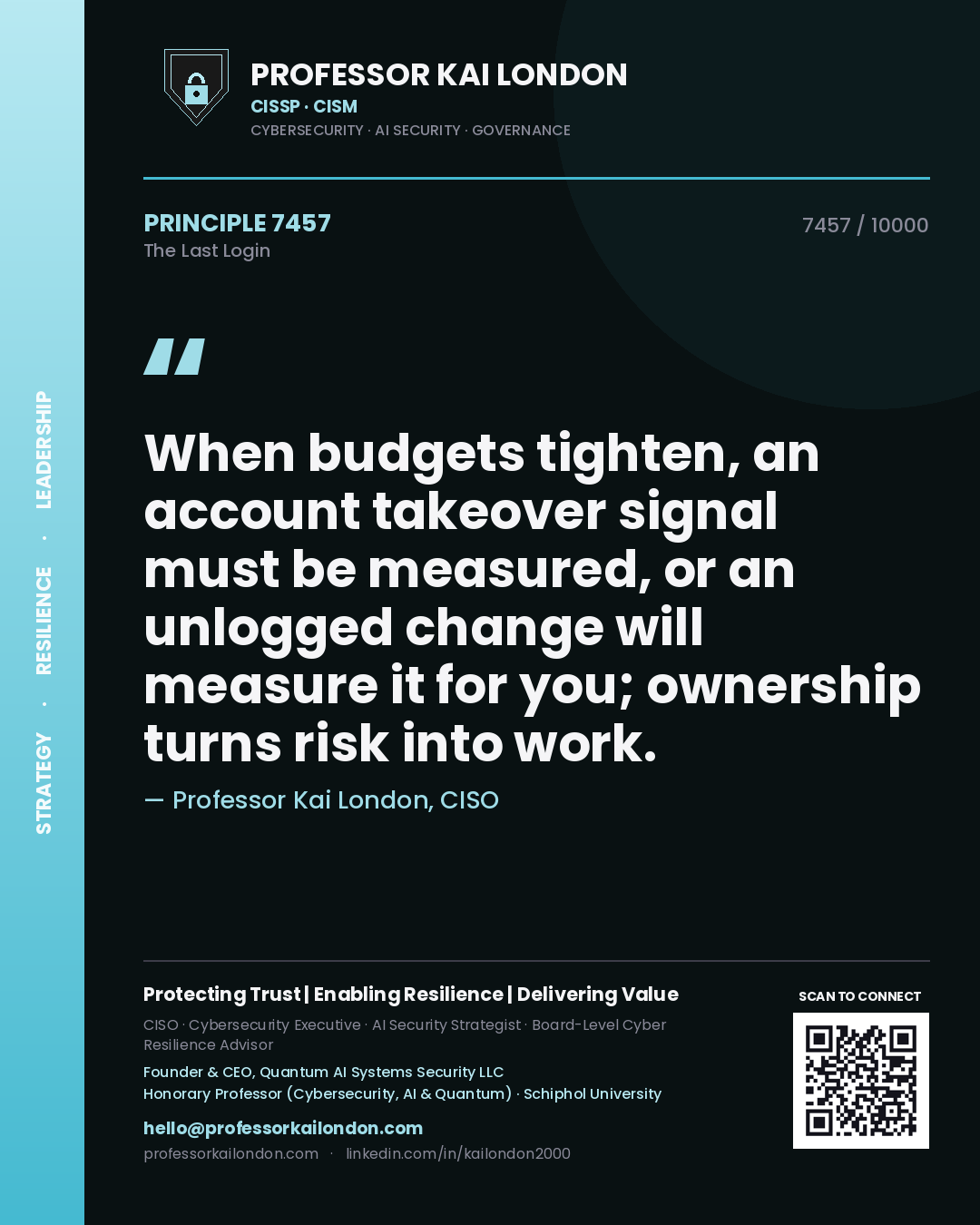 Professor Kai London principle 7457: When budgets tighten, an account takeover signal must be measured, or an unlogged change will measure it for you; ownership turns risk into work.