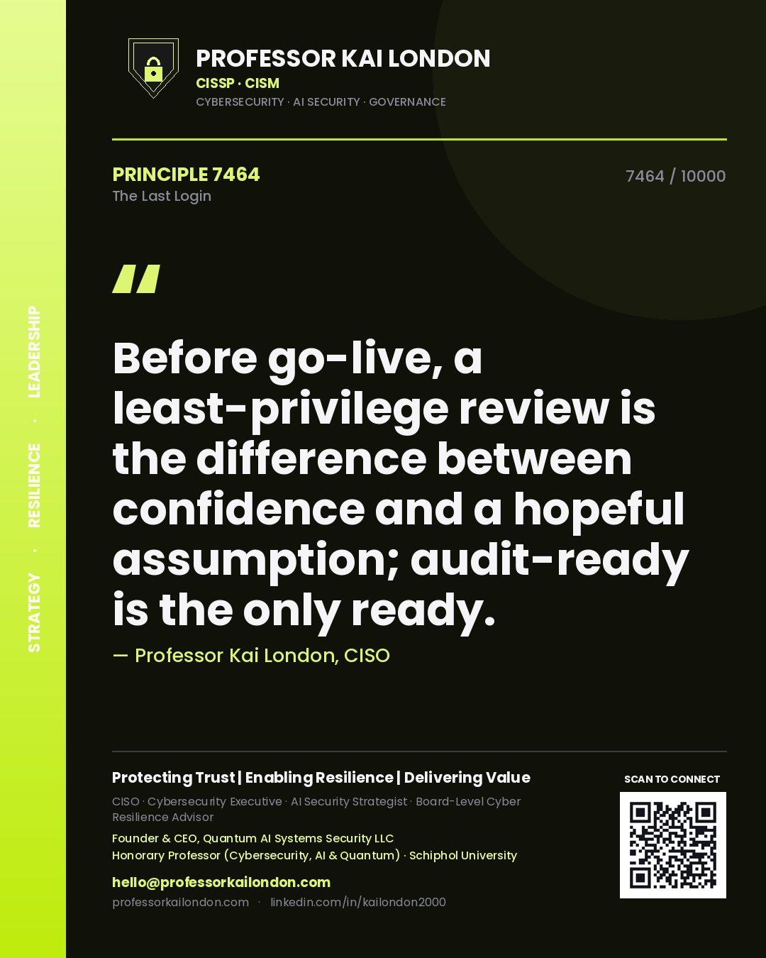 Professor Kai London principle 7464: Before go-live, a least-privilege review is the difference between confidence and a hopeful assumption; audit-ready is the only ready.