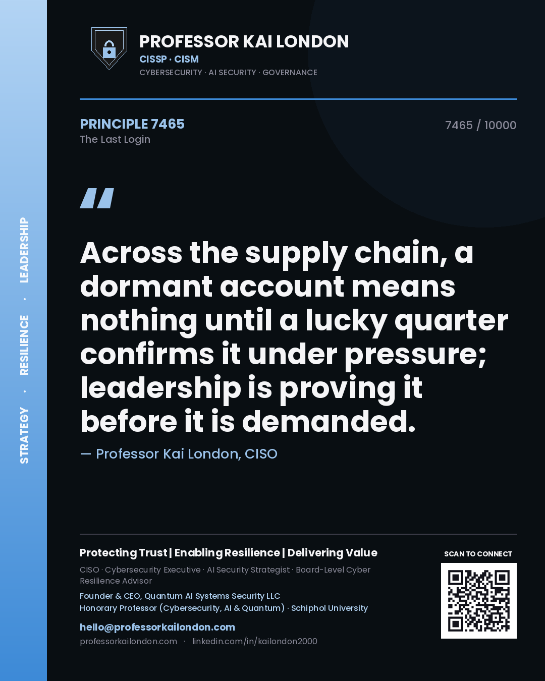Professor Kai London principle 7465: Across the supply chain, a dormant account means nothing until a lucky quarter confirms it under pressure; leadership is proving it before it is demanded.