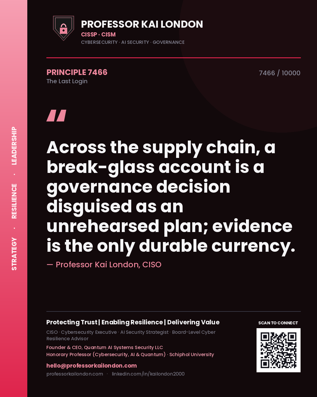 Quote card by Professor Kai London reading 'Across the supply chain, a break-glass account is a governance decision disguised as an unrehearsed plan; evidence is the only durable currency.'. From the book The Last Login.
